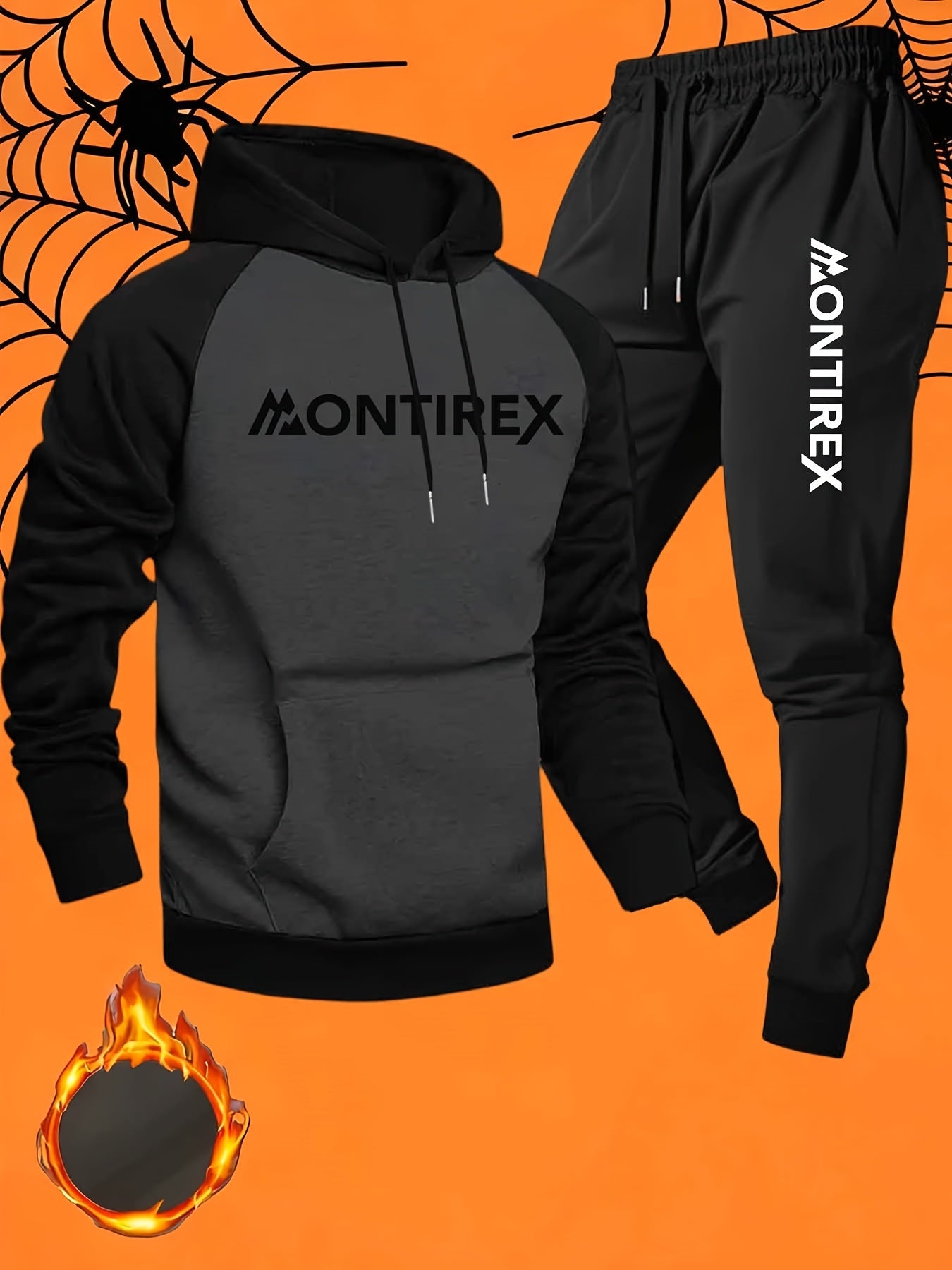 Men’s Two-Tone Hoodie &amp; Sweatpants Set – “MONTIREX” Print, Grey Casual Fall/Winter Tracksuit with Pockets, Regular Fit, Comfortable Outdoor Outfit