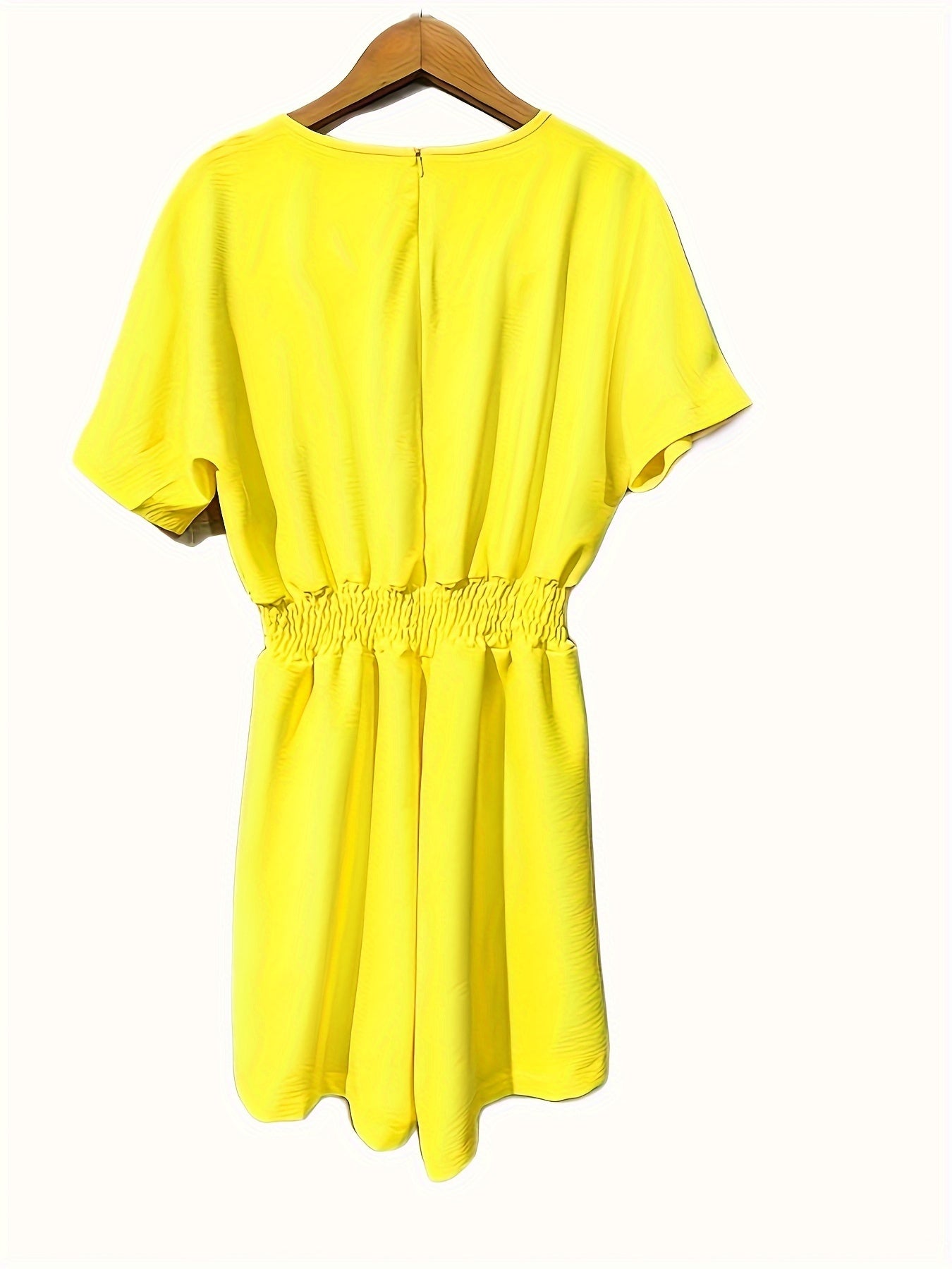 Solid V Neck Romper, Elegant Short Sleeve Shirred Waist Jumpsuit For Spring & Summer, Women's Clothing