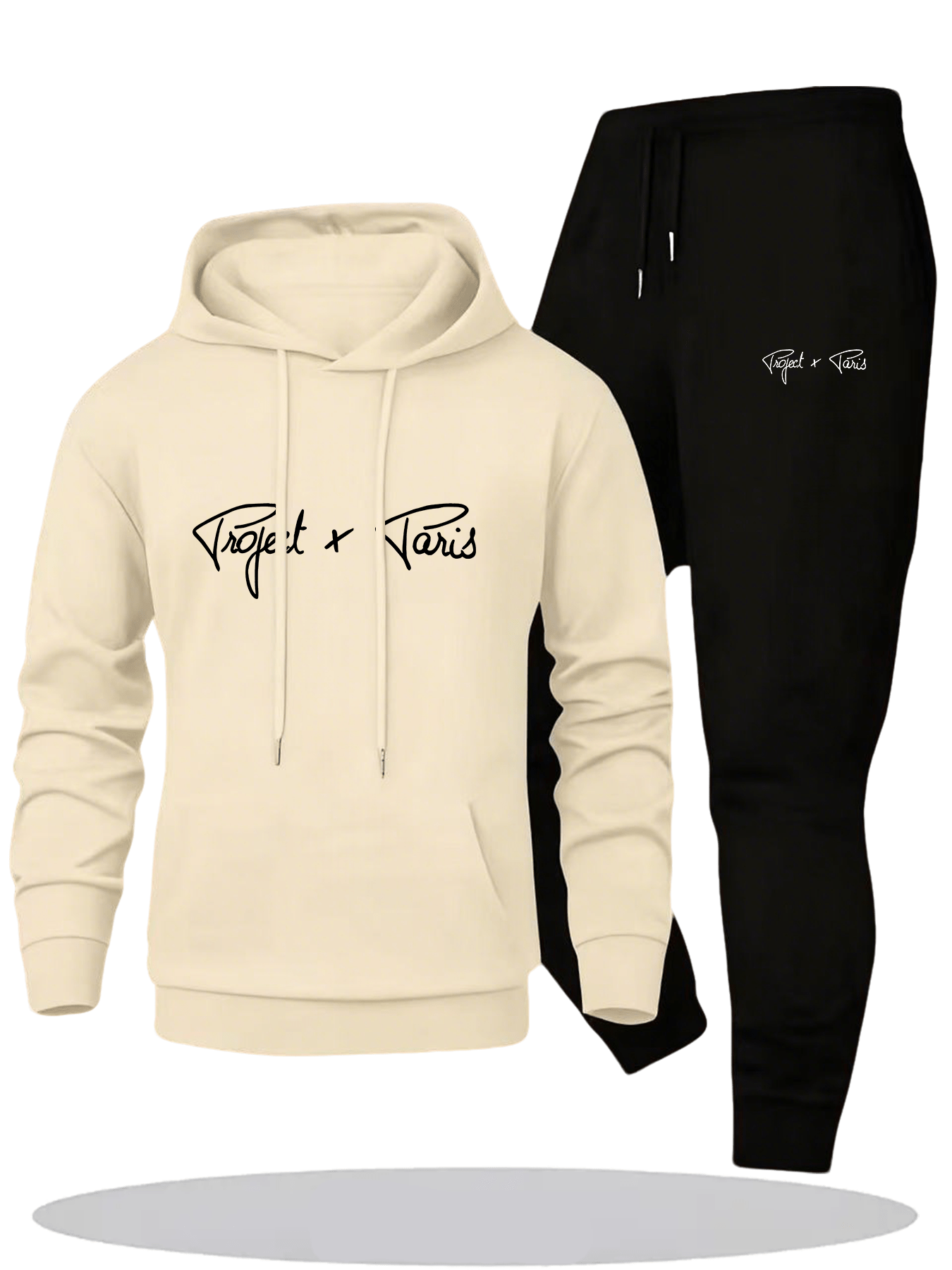 Autumn and Winter Men'S Fleece-Lined Thickened Hooded Sweatshirt and Jogger Casual Sport Two-Piece Set, Polyester Fabric, Project X Paris Letter Print - 2pcs, Knit, Casual Sport Two-piece Set