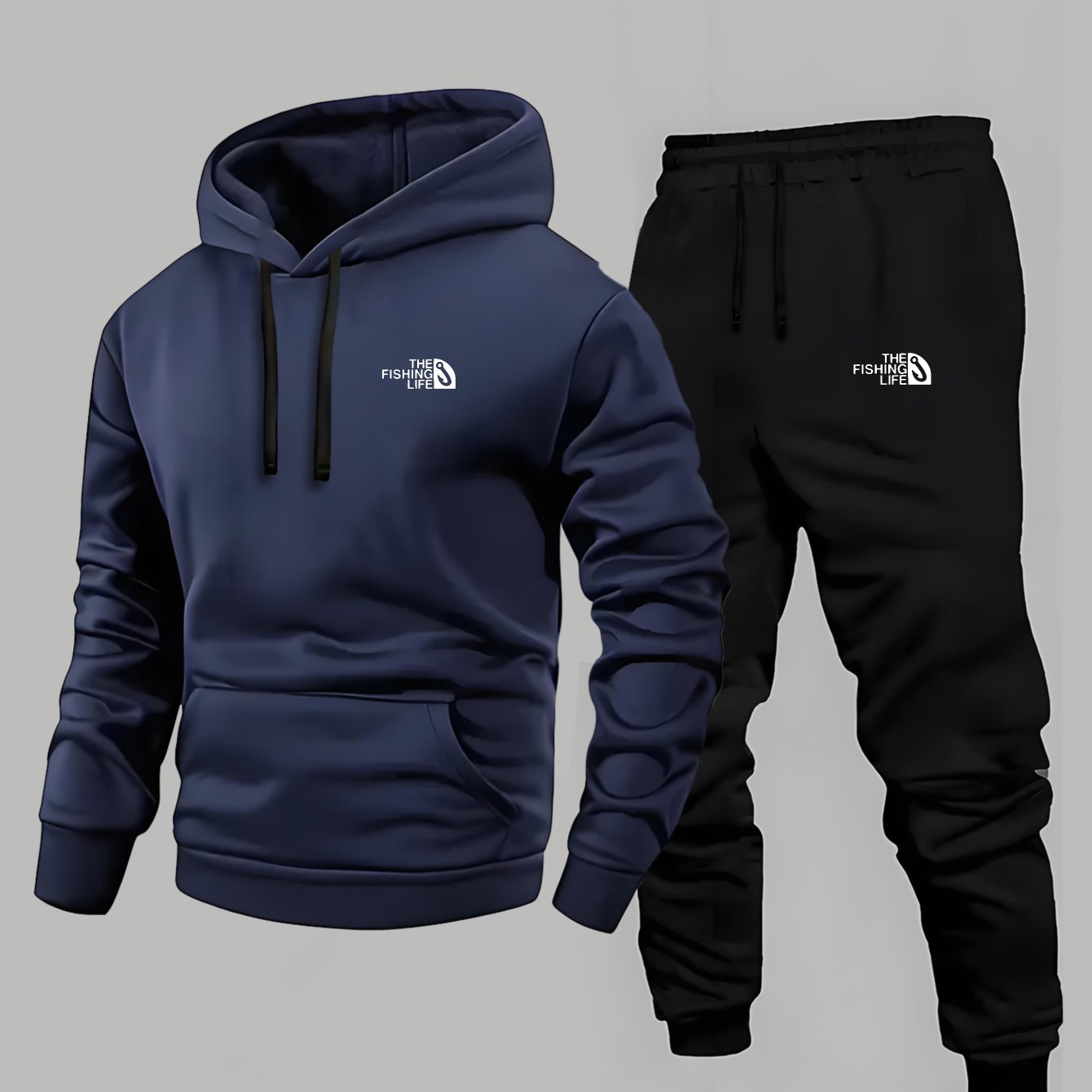 Men’s Casual Hooded Tracksuit – Black Sweatshirt and Sports Pants Set with Pockets, Long Sleeves, and Waistbands – Ideal for Autumn &amp; Winter Outdoor Activities