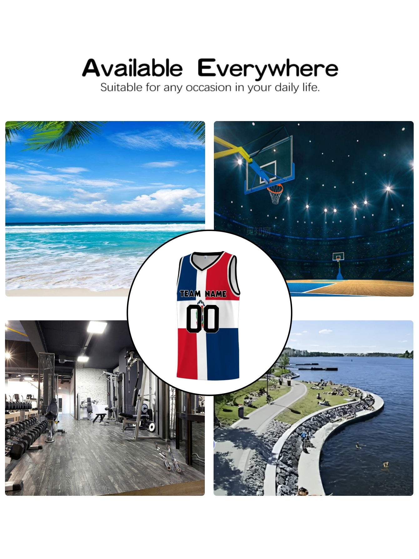 1pc Custom Dominican Basketball Vest - Personalized Name/Team/Logo, Lightweight Sleeveless Gym Shirt with V-Neck, Dominican Flag Colors (Red/White/Blue/Black) - for Training, Casual & Outdoor Sports - Breathable Athletic Top