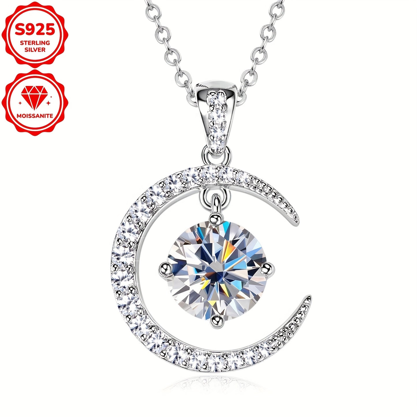 3.86g Silver, 2.31ct Moissanite Main Stone 8mm*1pcs-2CT; Total Carat of Side Stones 0.31ct 1 Strand 925 Sterling Silver Women's Pendant Necklace Moon Sun Element Round Moissanite Pendant Necklace Fashion Holiday Gift Jewelry
