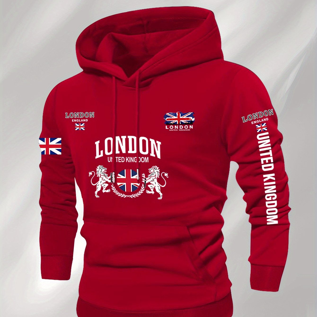 Men's British Union Jack & London Graphic Hooded Sweatshirt - Heavyweight 300gsm Polyester Knit, Casual Regular Fit Pullover with UK Landmarks Lettering (Big Ben, Fishermen), Autumn Winter Warmth, Machine Washable