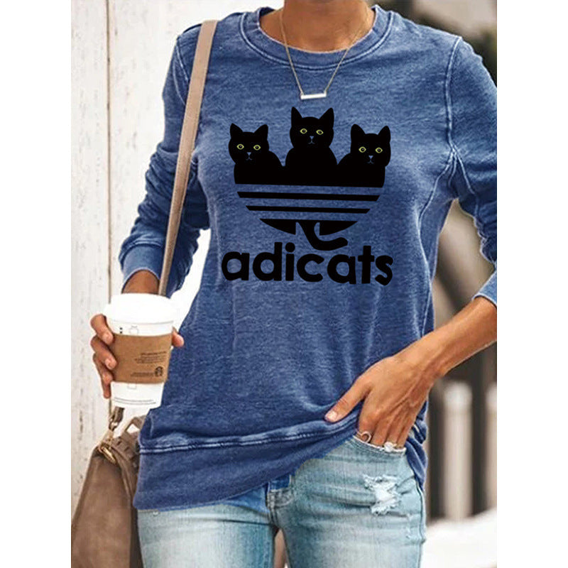 Long Sleeve Casual Three Cats Round Neck Print T-shirt