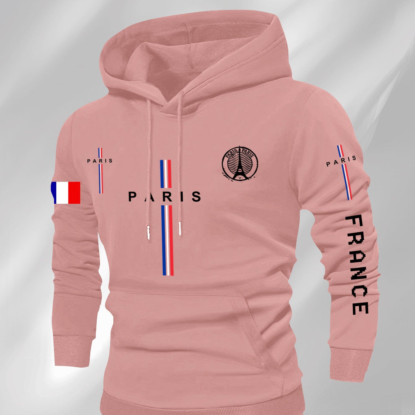 Men’s Casual Paris Graphic Hooded Sweatshirt – Geometric Print with Eiffel Tower & French Flag Stripes, Regular Fit, Beige, Autumn/Winter Casual Apparel