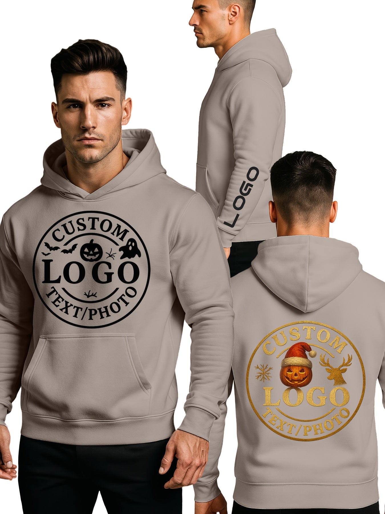 Customizable LOGO Hoodie & Sweatshirt - Unisex Pullover with Personalized Text/Photo/Design, Breathable Fabric, Regular Fit for Men & Women, Perfect Gift for Halloween, Christmas, Couple Celebrations, Casual Wear, Streetwear