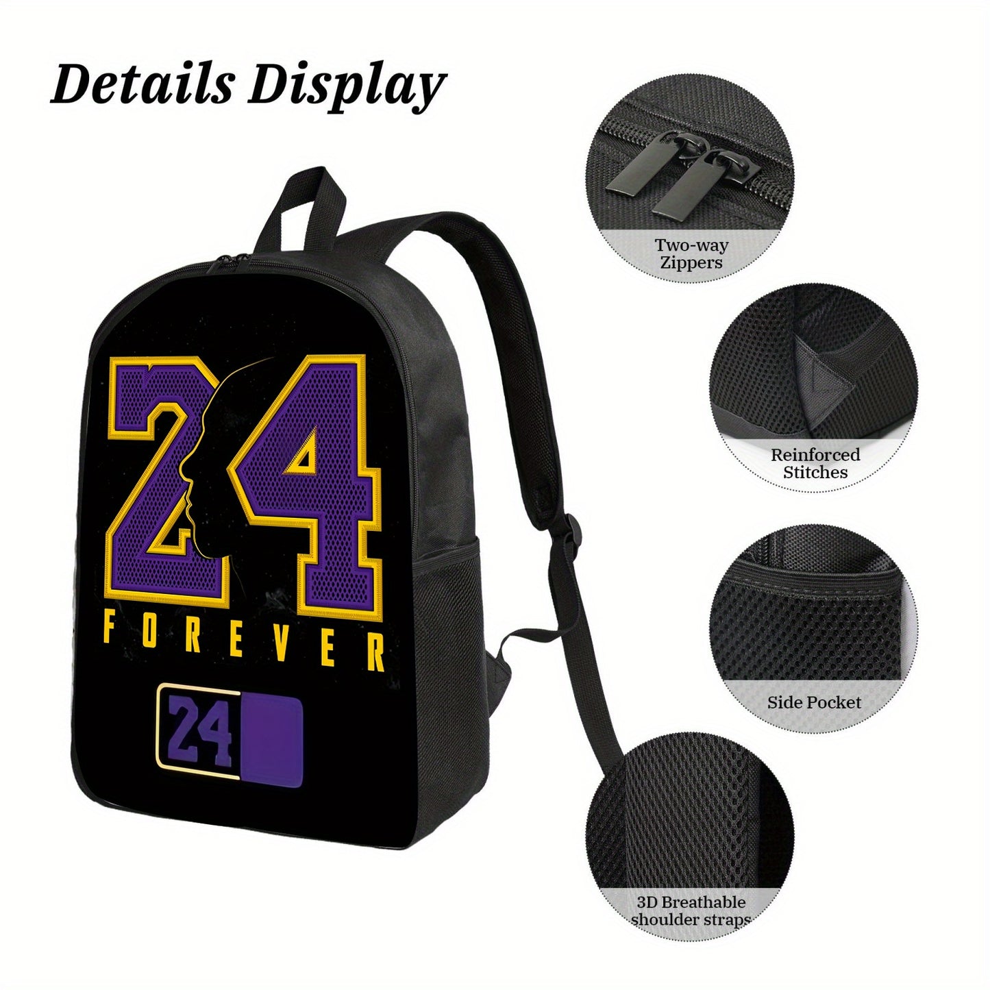 1pc 17-Inch Lightweight Black Backpack with Purple & Yellow "24 Forever" Print - Adjustable Shoulder Straps, Zipper Closure, Foldable Design for Travel, Commuting, and Casual Use, Casual Daypack | Sporty Backpack | Adjustable