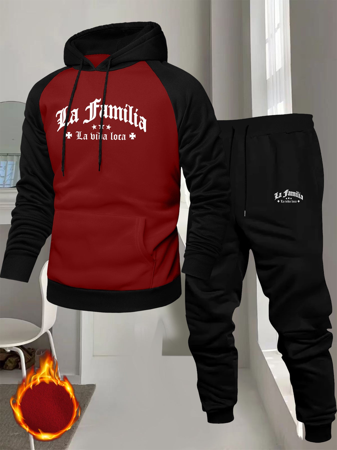 Men's Casual Sport Raglan Sleeve Hooded Sweatshirt Two-Piece Set, Dual-Tone Color Blocking Trendy Matching Outfit with Hot-Selling European and American Pattern Print Design for Comfortable Fashion Wear