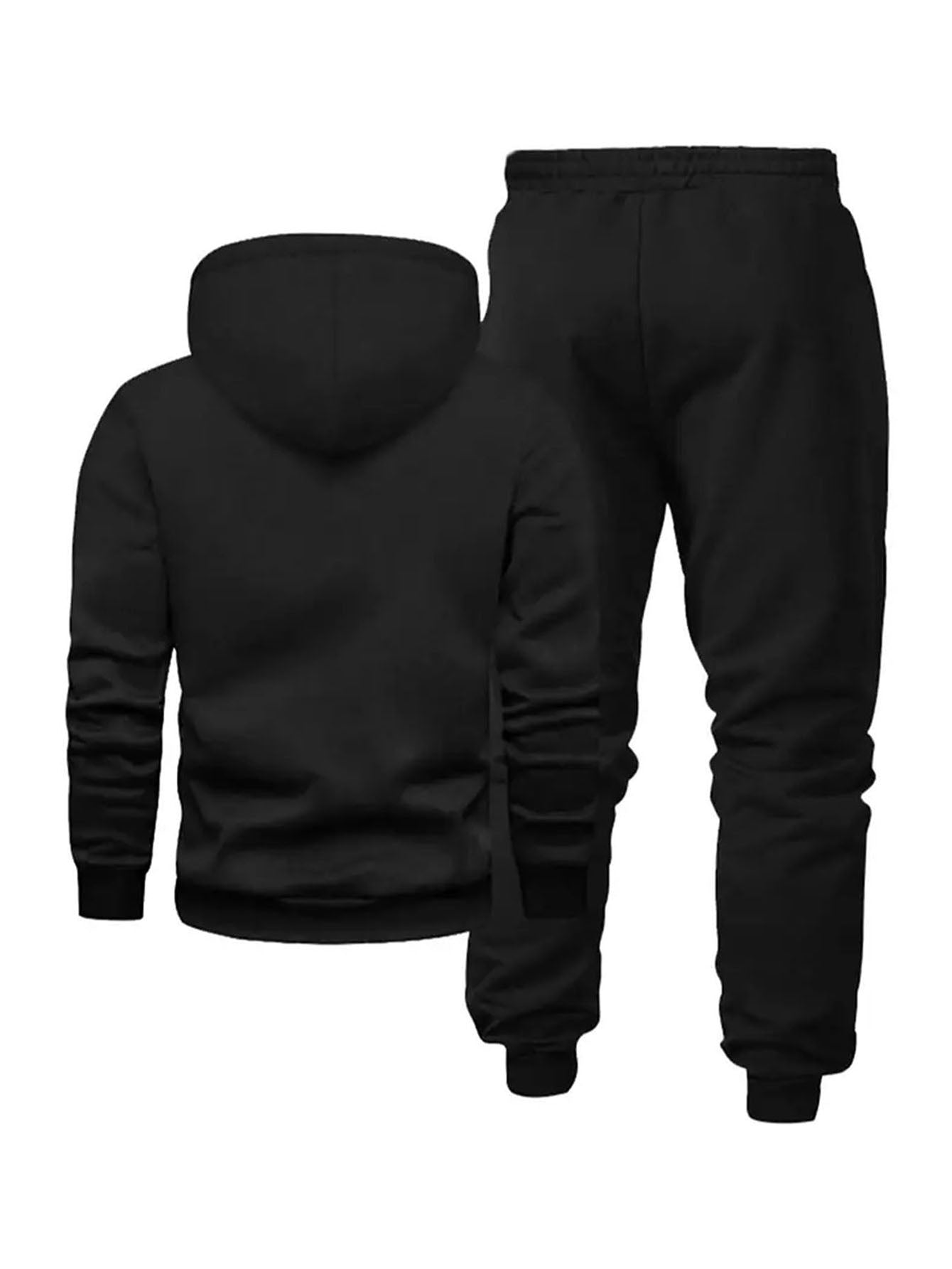 Men’s Casual Hooded Tracksuit – Black Sweatshirt and Sports Pants Set with Pockets, Long Sleeves, and Waistbands – Ideal for Autumn &amp; Winter Outdoor Activities