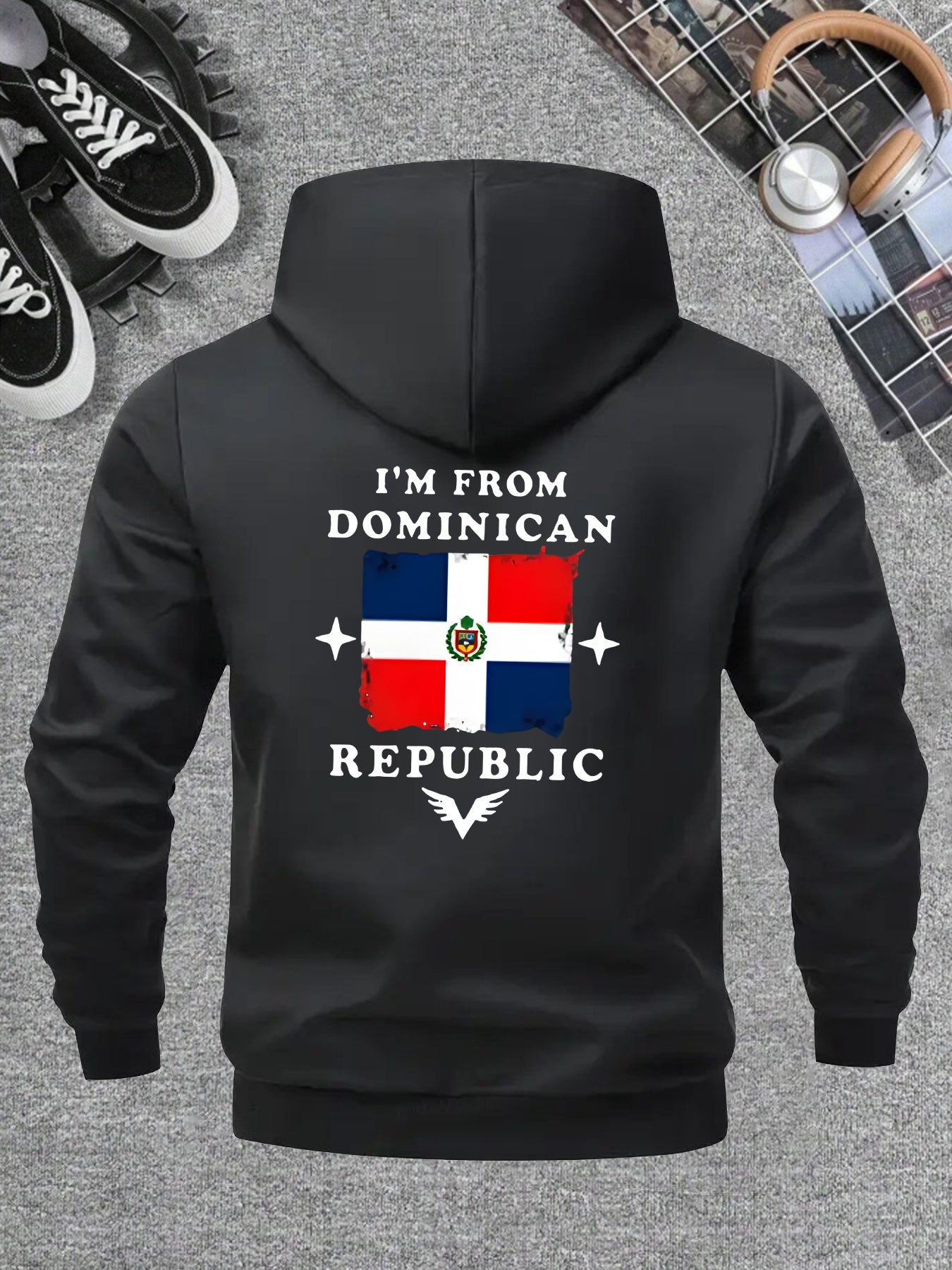Men’s Windproof Hooded Jacket – “I’m from Dominican Republic” Print, Lightweight Zip-Up Casual Windbreaker, Black with Red &amp; White Flag Design, Ideal for Spring &amp; Fall Outdoor Wear
