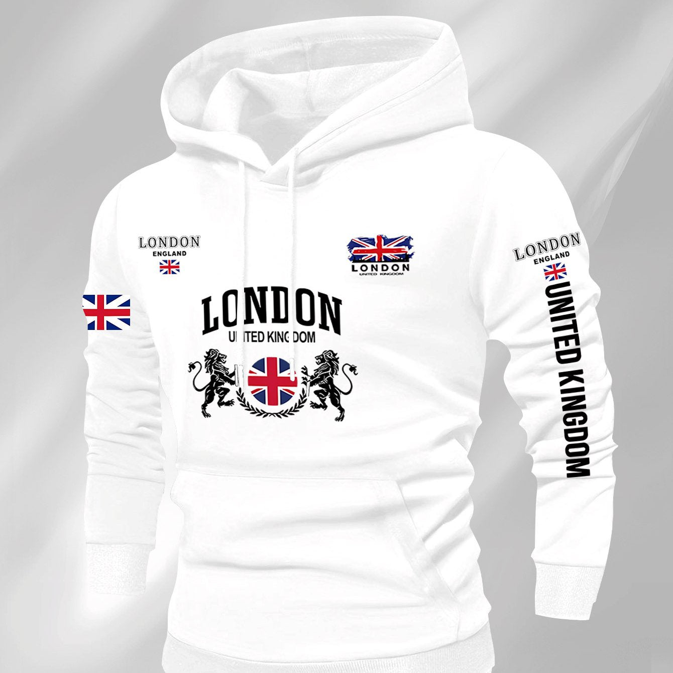 Men's British Union Jack & London Graphic Hooded Sweatshirt - Heavyweight 300gsm Polyester Knit, Casual Regular Fit Pullover with UK Landmarks Lettering (Big Ben, Fishermen), Autumn Winter Warmth, Machine Washable