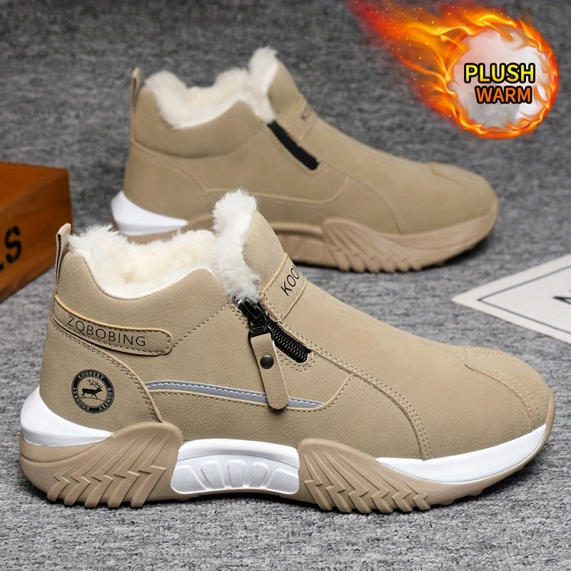 Men’s Winter Warm Snow Boots – Slip-Resistant Traction Tread, Zipper Closure, Ankle Boots with PVC Sole, Ideal for Hiking, Hunting &amp; Work in Cold Weather – Beige/Black/Gray