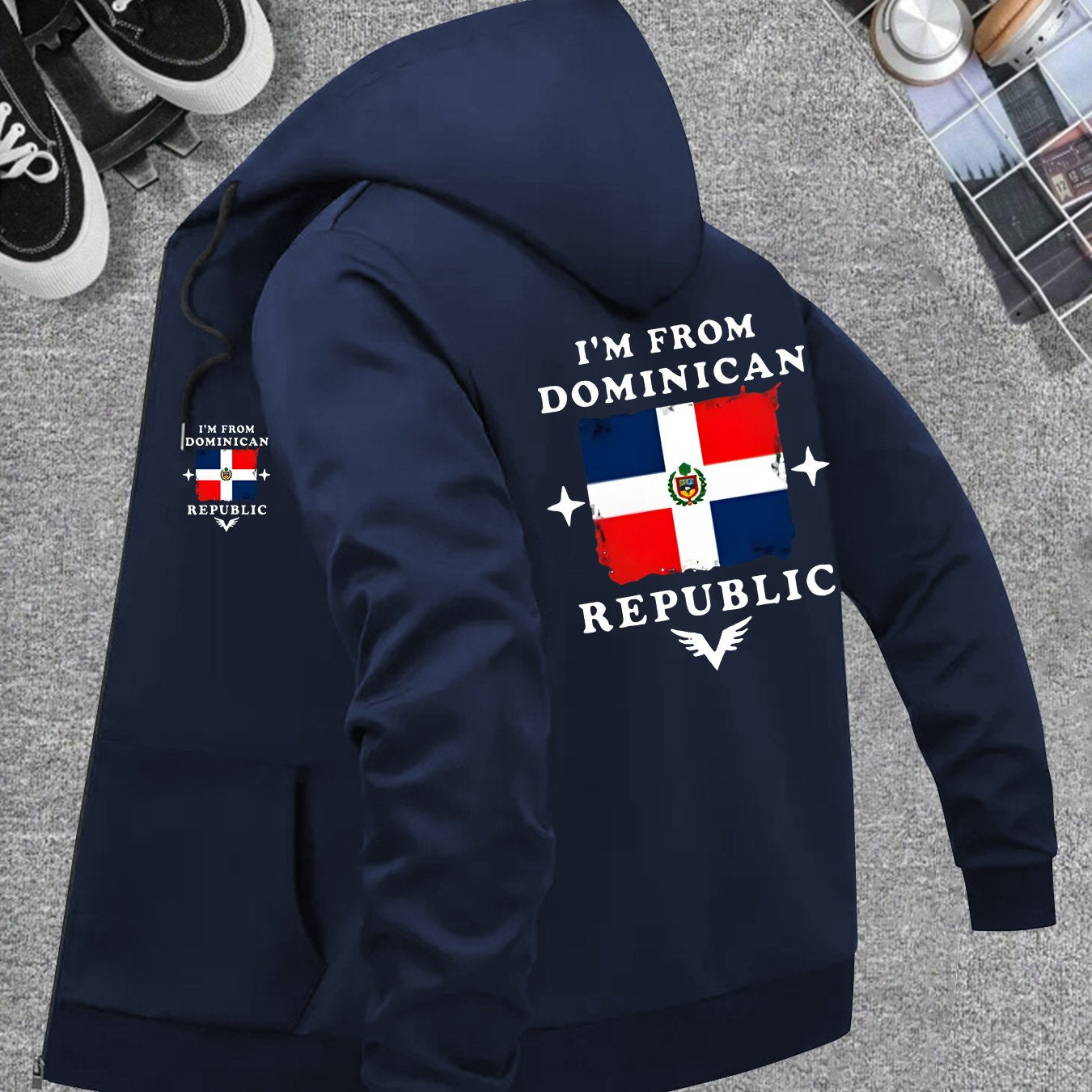 Men’s Windproof Hooded Jacket – “I’m from Dominican Republic” Print, Lightweight Zip-Up Casual Windbreaker, Black with Red &amp; White Flag Design, Ideal for Spring &amp; Fall Outdoor Wear