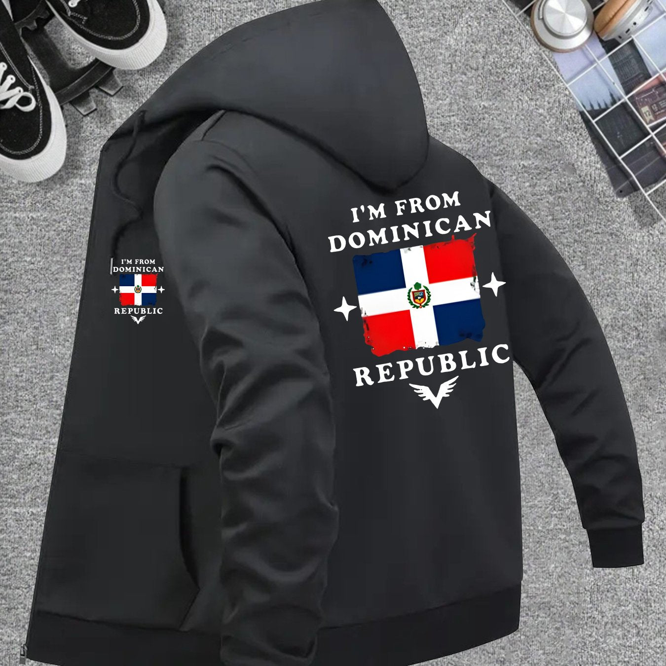 Men’s Windproof Hooded Jacket – “I’m from Dominican Republic” Print, Lightweight Zip-Up Casual Windbreaker, Black with Red &amp; White Flag Design, Ideal for Spring &amp; Fall Outdoor Wear