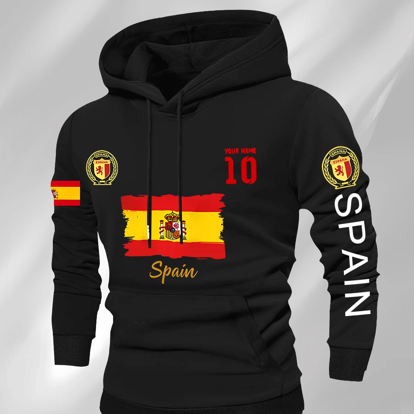 Men'S Hooded Sweatshirt - Spain Flag Graphic Pullover with Number 10, Dark Background, Regular Fit Hoodie for Soccer Fans & Casual Attire, Autumn/Winter Clothing, Autumn Winter Apparel, Comfortable Fabric, Knit
