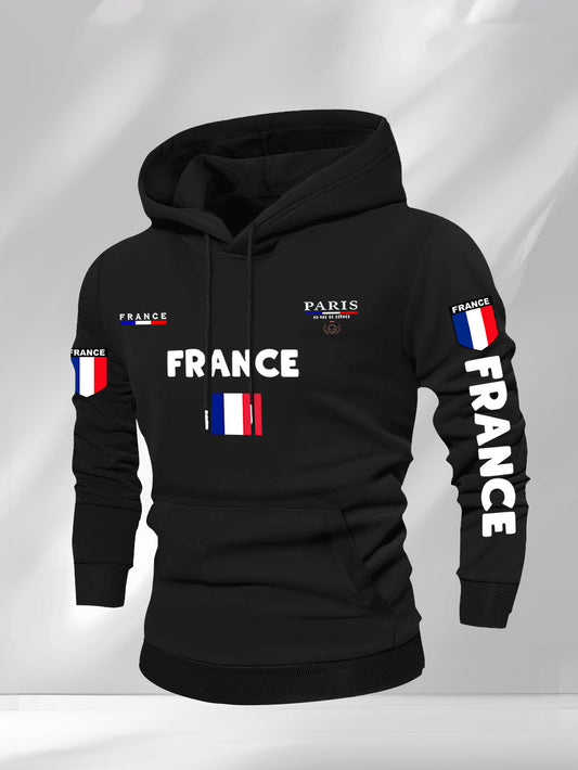 Men'S French Flag & Paris Lettering Hooded Sweatshirt - Pullover with Piping, Long Sleeve Casual Winter Sweater for Everyday & Formal Outfits - French, French Connection Apparel, French Connection Clothing, French Connection