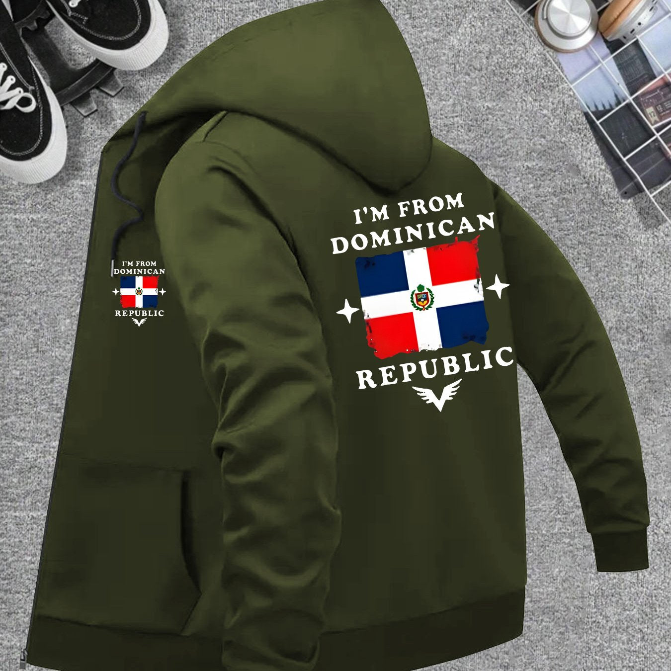 Men’s Windproof Hooded Jacket – “I’m from Dominican Republic” Print, Lightweight Zip-Up Casual Windbreaker, Black with Red &amp; White Flag Design, Ideal for Spring &amp; Fall Outdoor Wear