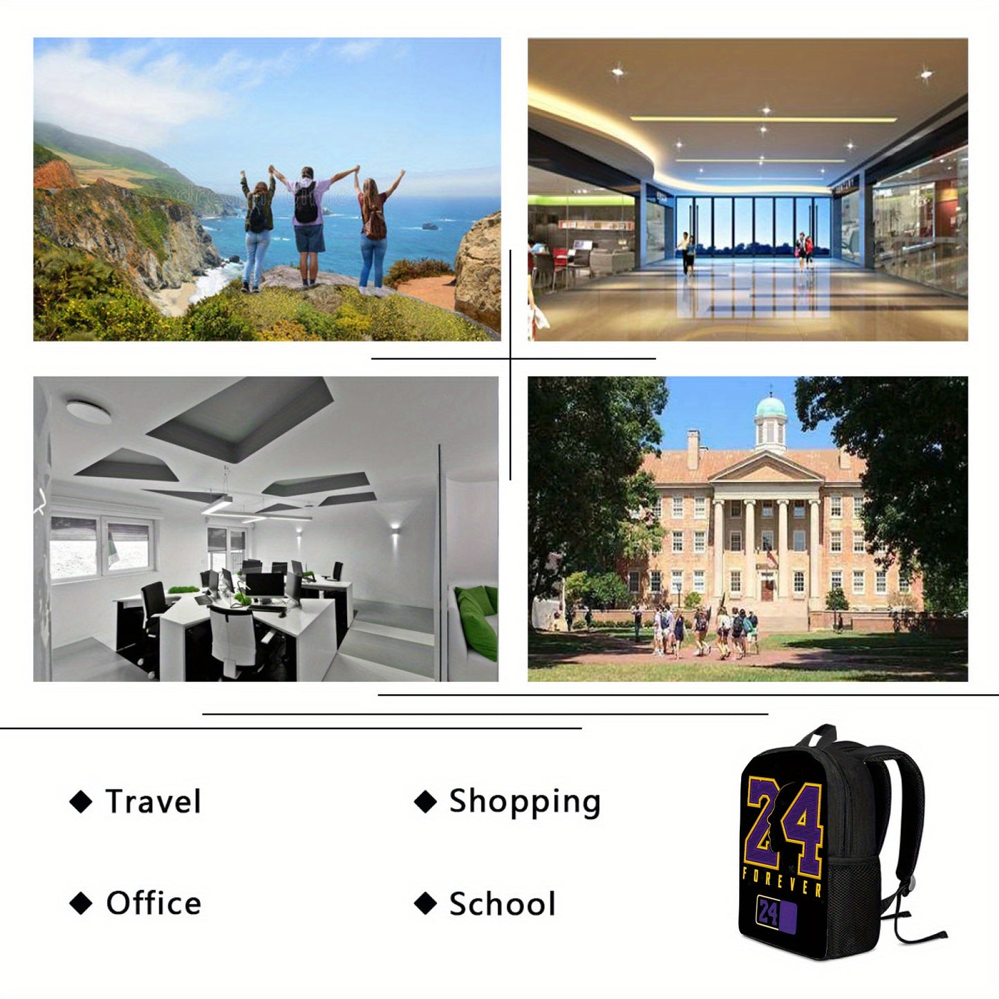 1pc 17-Inch Lightweight Black Backpack with Purple & Yellow "24 Forever" Print - Adjustable Shoulder Straps, Zipper Closure, Foldable Design for Travel, Commuting, and Casual Use, Casual Daypack | Sporty Backpack | Adjustable