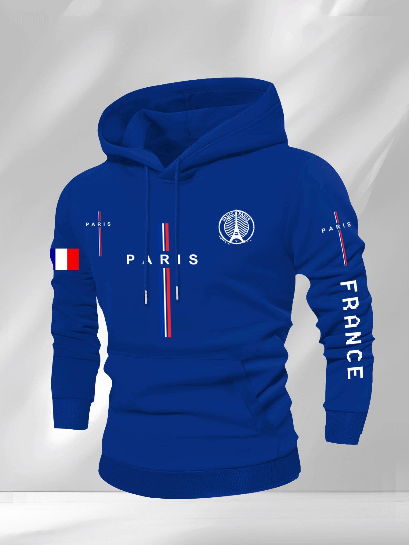 Men’s Casual Paris Graphic Hooded Sweatshirt – Geometric Print with Eiffel Tower & French Flag Stripes, Regular Fit, Beige, Autumn/Winter Casual Apparel
