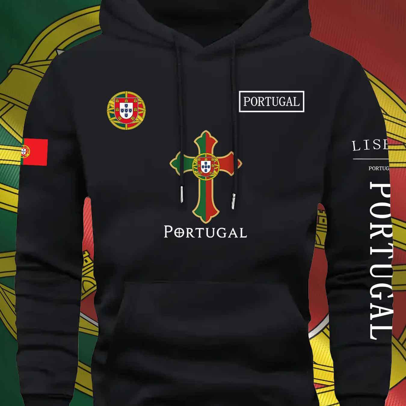 KOURRTER Men'S & Women'S Casual Hoodie - Autumn Winter Sporty Outdoor Hooded Sweatshirt with Portugal Flag & Cross Design, Comfortable Regular Fit with Pockets, Sweater Hoodie