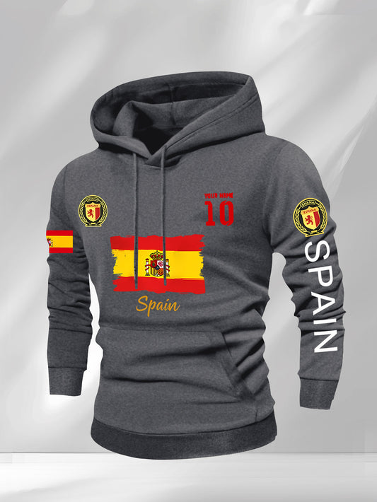Men'S Hooded Sweatshirt - Spain Flag Graphic Pullover with Number 10, Dark Background, Regular Fit Hoodie for Soccer Fans & Casual Attire, Autumn/Winter Clothing, Autumn Winter Apparel, Comfortable Fabric, Knit