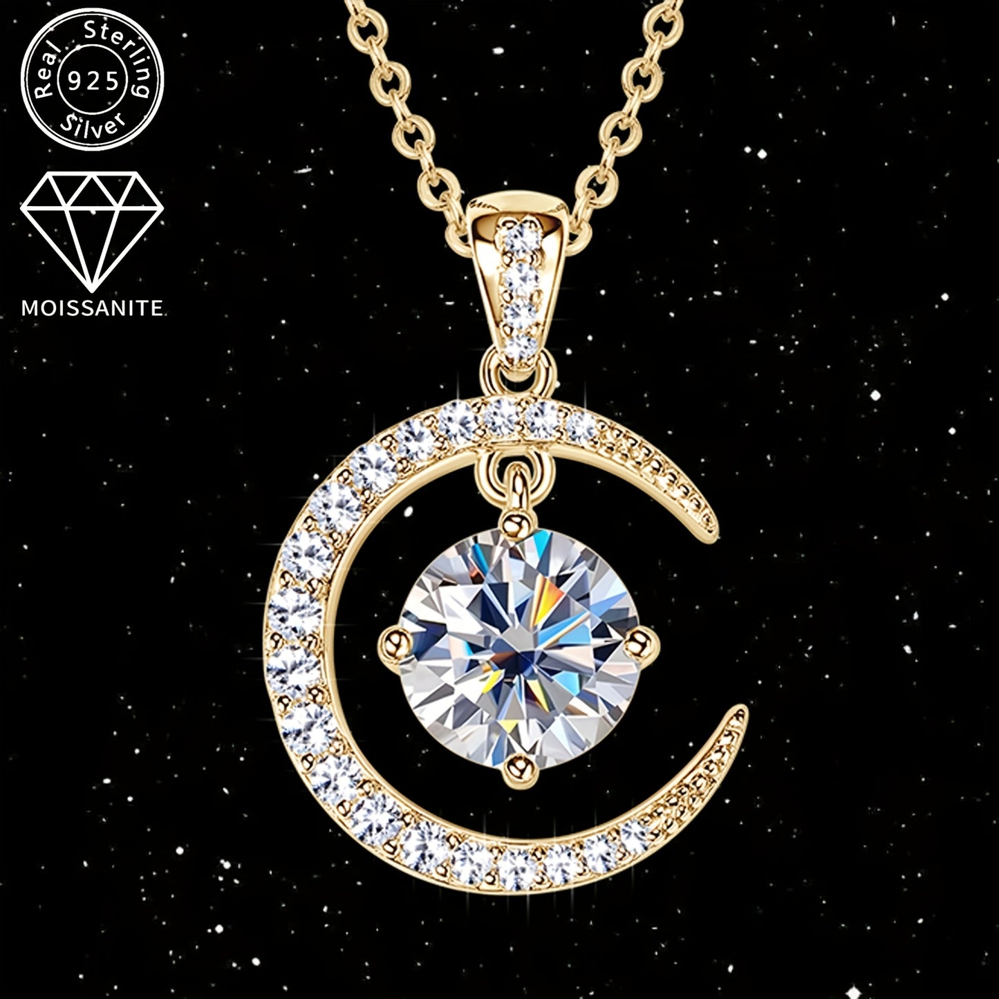 3.86g Silver, 2.31ct Moissanite Main Stone 8mm*1pcs-2CT; Total Carat of Side Stones 0.31ct 1 Strand 925 Sterling Silver Women's Pendant Necklace Moon Sun Element Round Moissanite Pendant Necklace Fashion Holiday Gift Jewelry