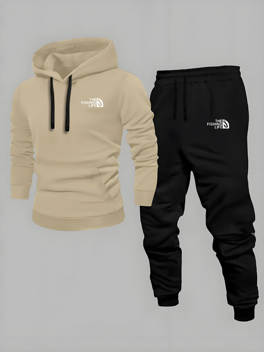 Men’s Casual Hooded Tracksuit – Black Sweatshirt and Sports Pants Set with Pockets, Long Sleeves, and Waistbands – Ideal for Autumn &amp; Winter Outdoor Activities