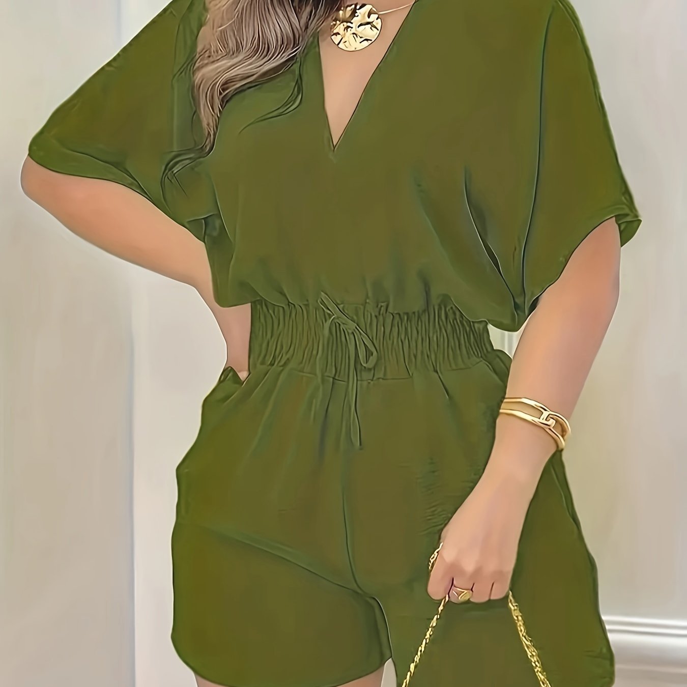 Solid V Neck Romper, Elegant Short Sleeve Shirred Waist Jumpsuit For Spring & Summer, Women's Clothing