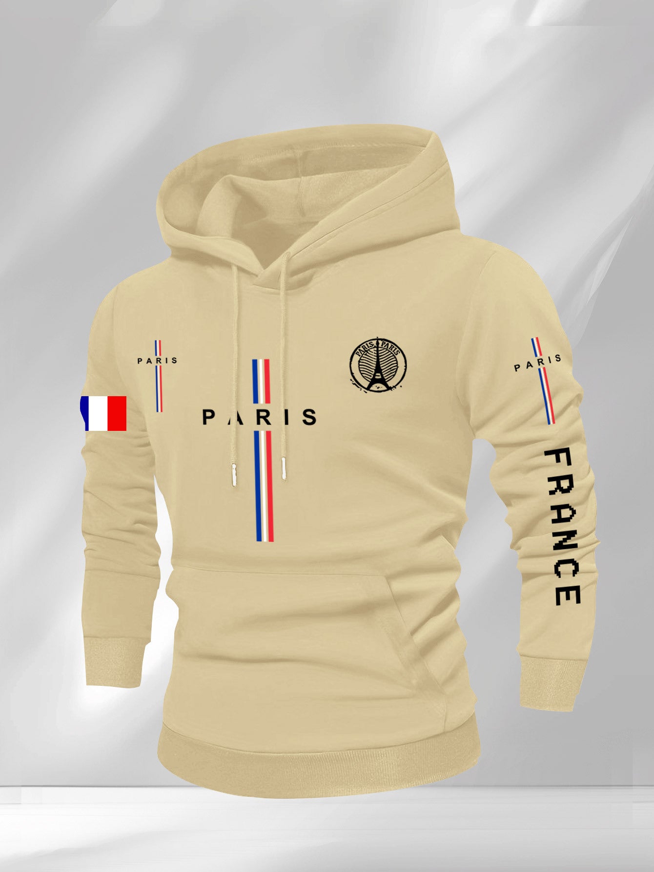 Men’s Casual Paris Graphic Hooded Sweatshirt – Geometric Print with Eiffel Tower & French Flag Stripes, Regular Fit, Beige, Autumn/Winter Casual Apparel