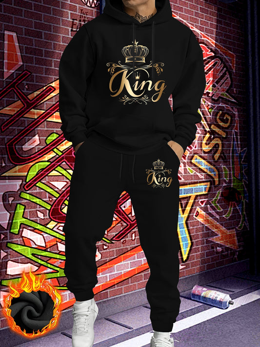 Men'S Fleece-Lined Hooded Sweatshirt & Jogger Set - "King" Graphic Print, Casual Fall/Winter Outfit, Regular Fit, Slight Stretch Fabric, Trendy Streetwear Style