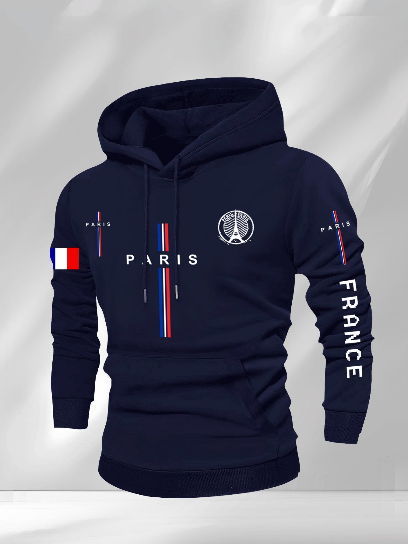Men’s Casual Paris Graphic Hooded Sweatshirt – Geometric Print with Eiffel Tower & French Flag Stripes, Regular Fit, Beige, Autumn/Winter Casual Apparel