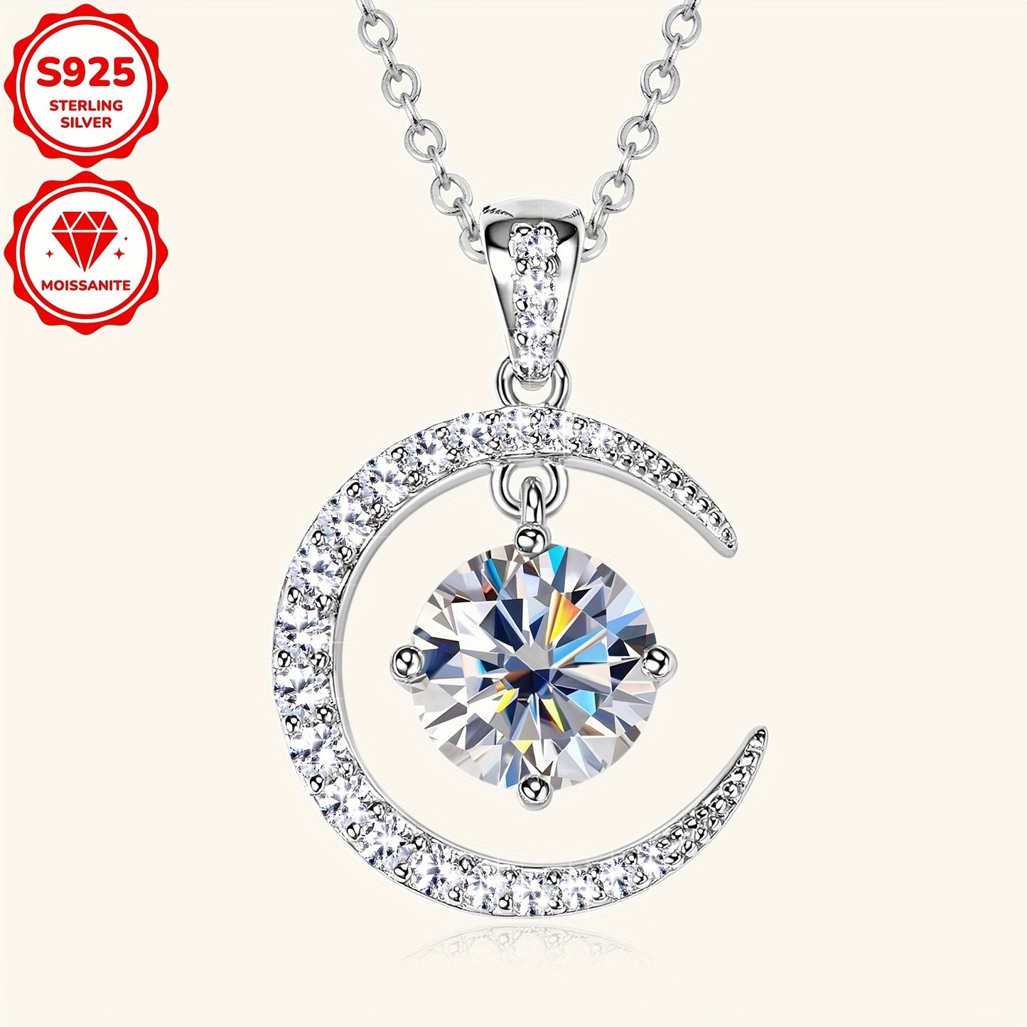 3.86g Silver, 2.31ct Moissanite Main Stone 8mm*1pcs-2CT; Total Carat of Side Stones 0.31ct 1 Strand 925 Sterling Silver Women's Pendant Necklace Moon Sun Element Round Moissanite Pendant Necklace Fashion Holiday Gift Jewelry