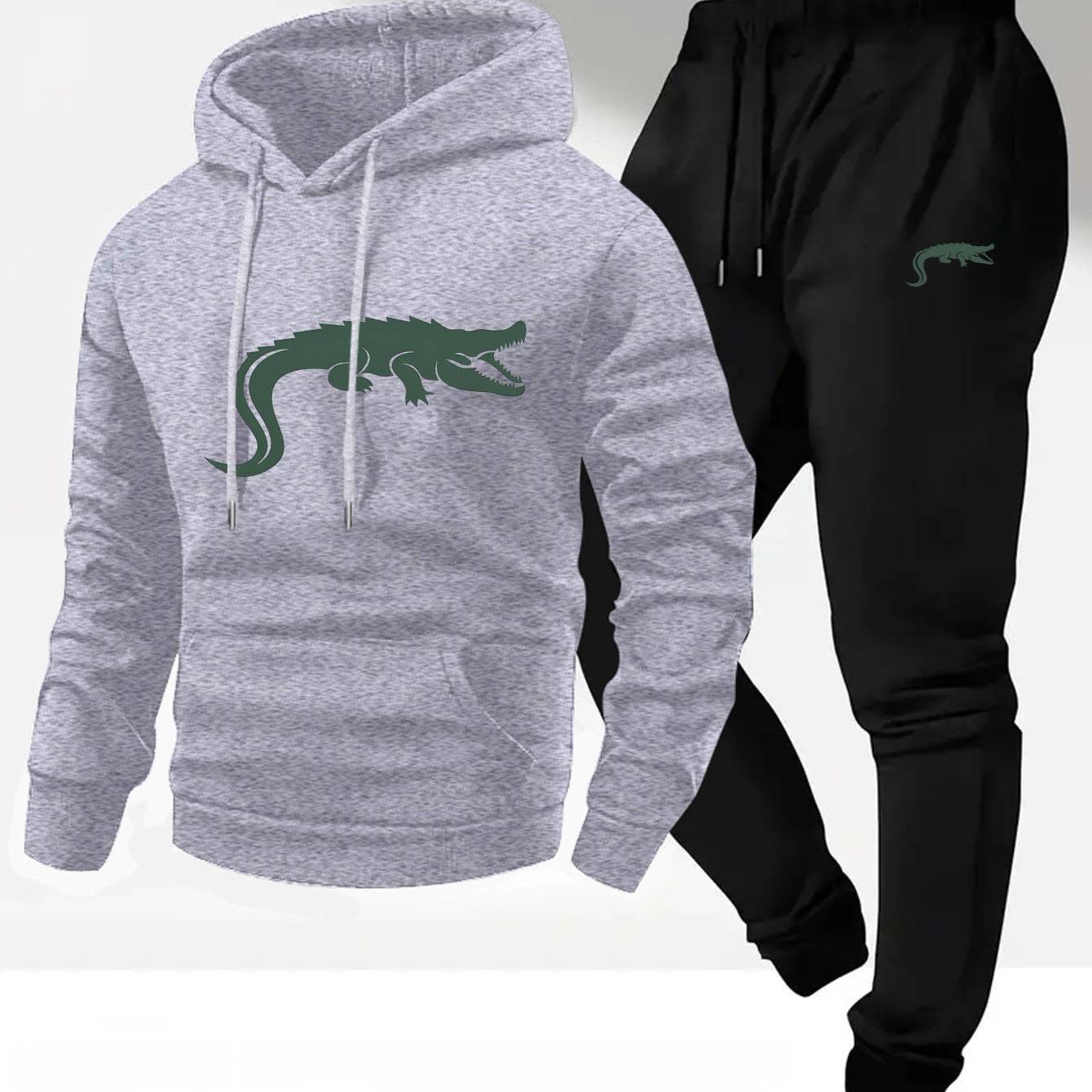 Men’s Casual Hoodie &amp; Sweatpants Set – Alligator Print, Soft &amp; Durable, Regular Fit, Perfect for Fall/Winter Casual Wear