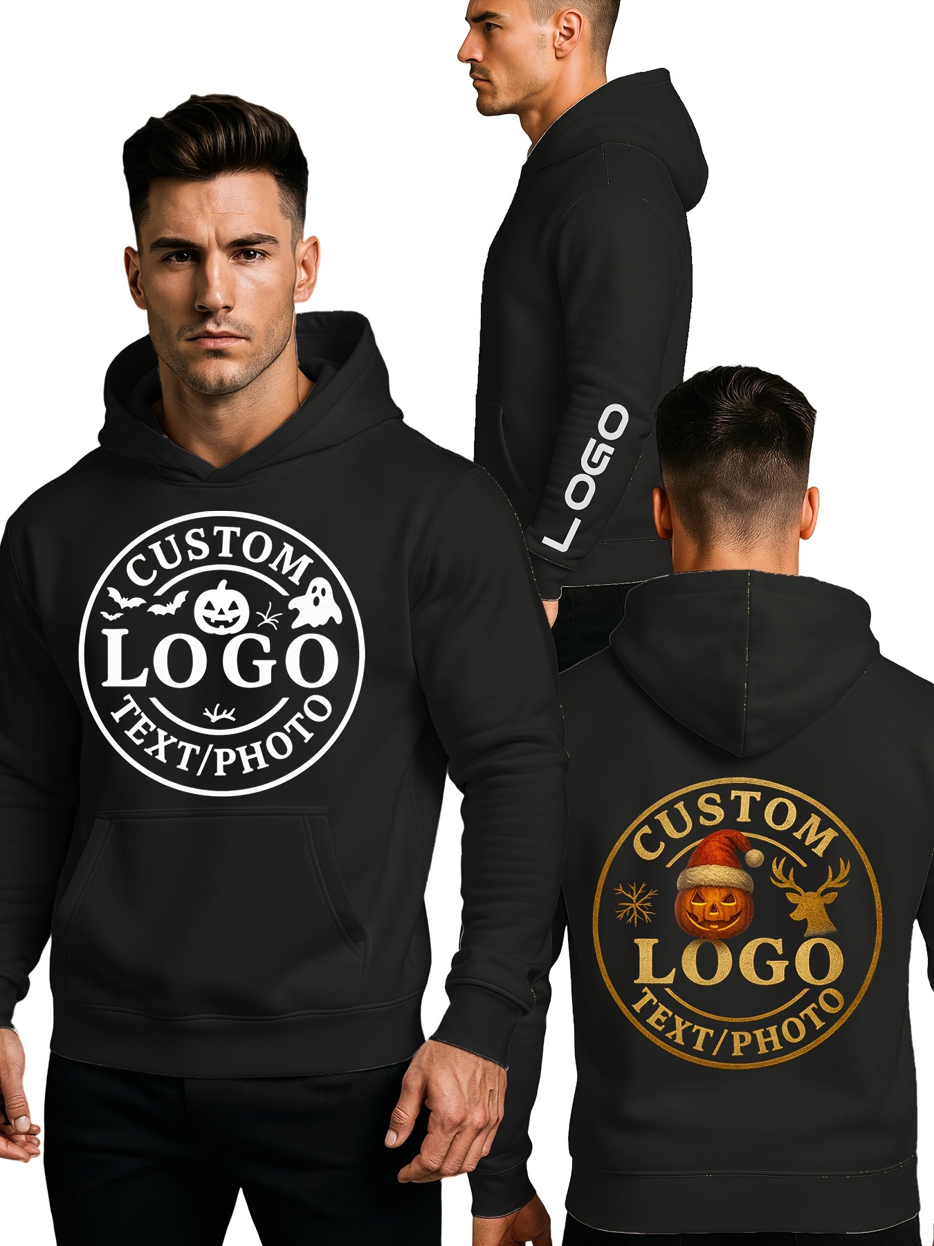 Customizable LOGO Hoodie & Sweatshirt - Unisex Pullover with Personalized Text/Photo/Design, Breathable Fabric, Regular Fit for Men & Women, Perfect Gift for Halloween, Christmas, Couple Celebrations, Casual Wear, Streetwear