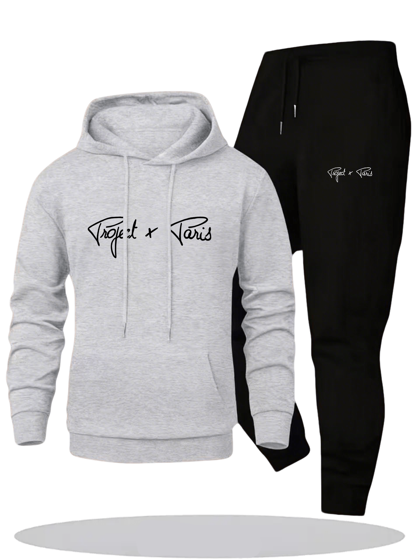 Autumn and Winter Men'S Fleece-Lined Thickened Hooded Sweatshirt and Jogger Casual Sport Two-Piece Set, Polyester Fabric, Project X Paris Letter Print - 2pcs, Knit, Casual Sport Two-piece Set