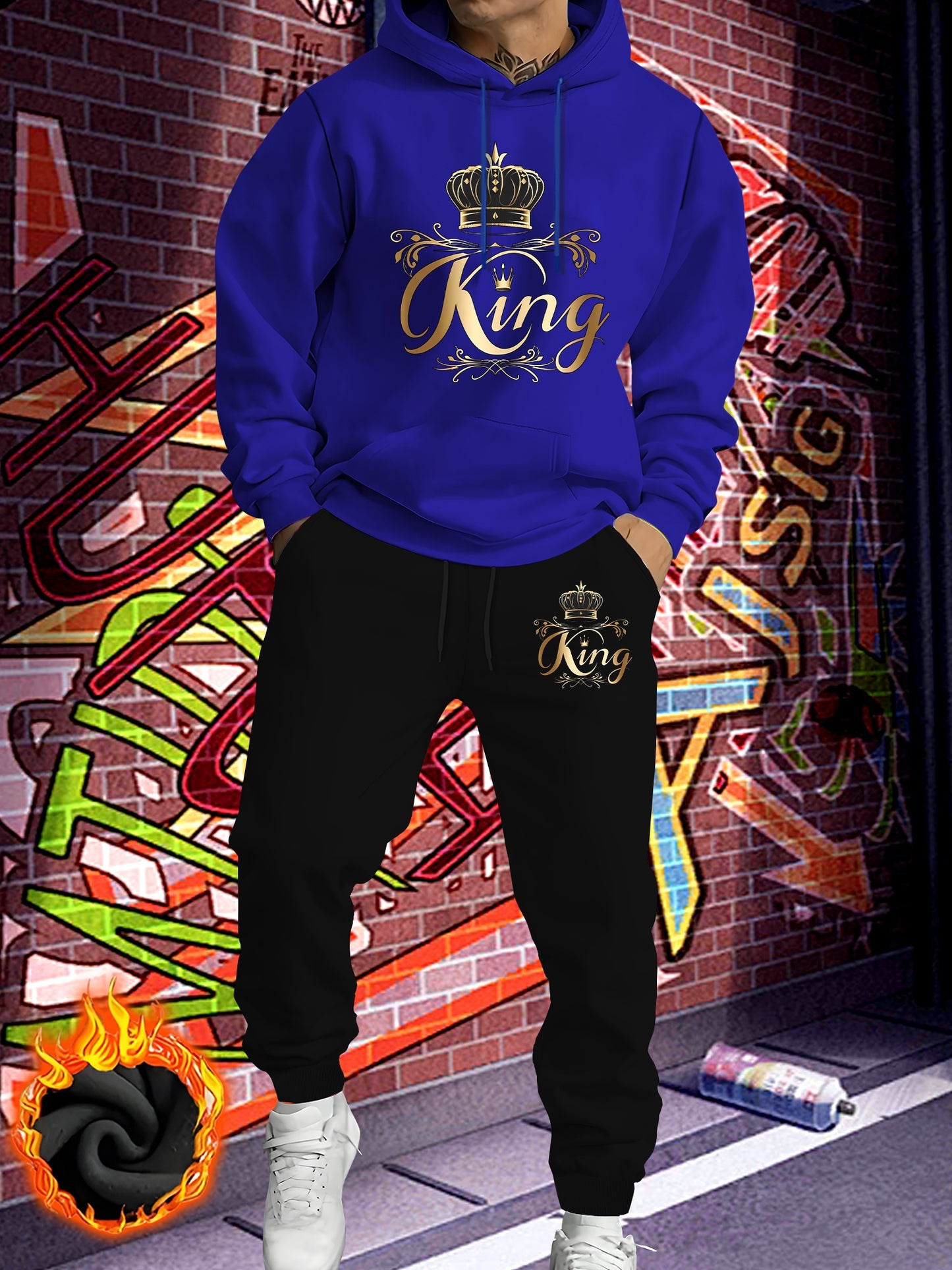Men'S Fleece-Lined Hooded Sweatshirt & Jogger Set - "King" Graphic Print, Casual Fall/Winter Outfit, Regular Fit, Slight Stretch Fabric, Trendy Streetwear Style