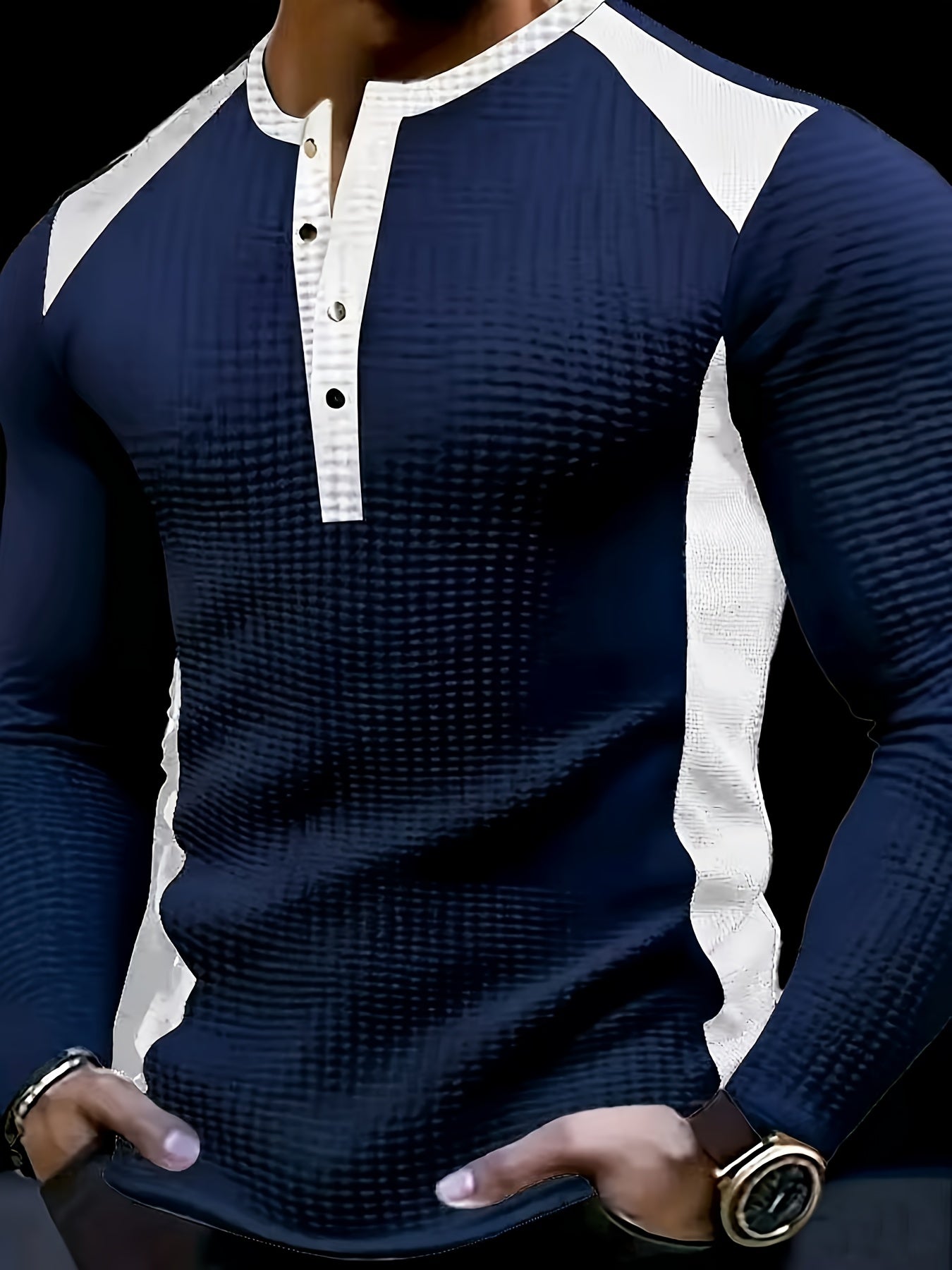 Men'S Long Sleeve Polo Shirt - V-Neck Button-Up Sweater with Metallic Texture, Lightweight Stretch Fabric for Gym, Office, Casual Wear - Spring/fall Transitional Clothing - Modern Men'S Sweater, Gym Apparel, Office Attire, St