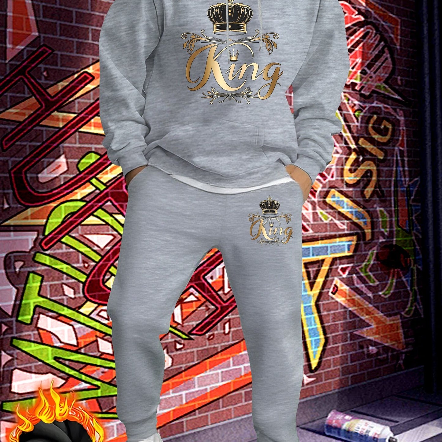 Men'S Fleece-Lined Hooded Sweatshirt & Jogger Set - "King" Graphic Print, Casual Fall/Winter Outfit, Regular Fit, Slight Stretch Fabric, Trendy Streetwear Style