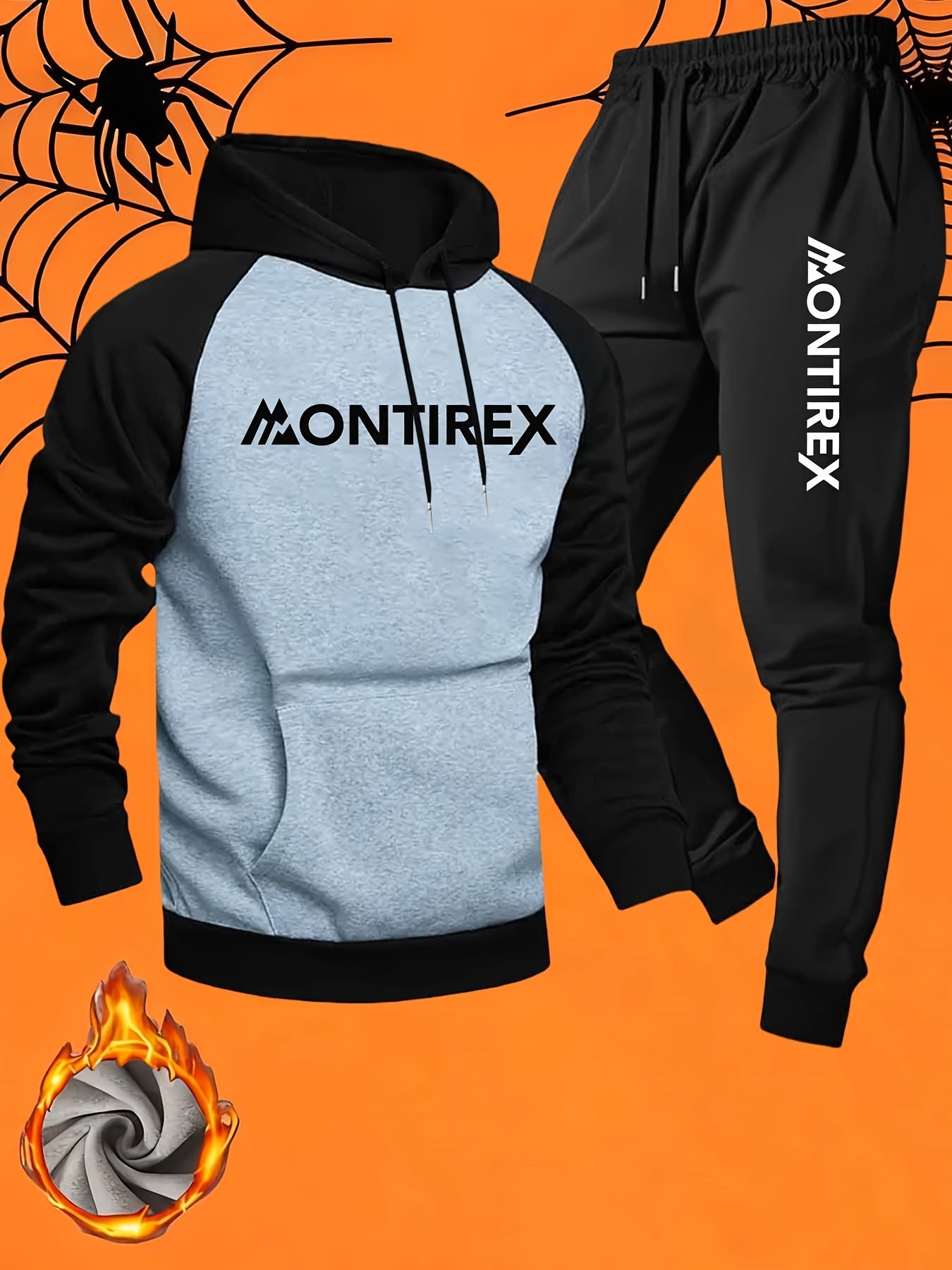 Men’s Two-Tone Hoodie &amp; Sweatpants Set – “MONTIREX” Print, Grey Casual Fall/Winter Tracksuit with Pockets, Regular Fit, Comfortable Outdoor Outfit