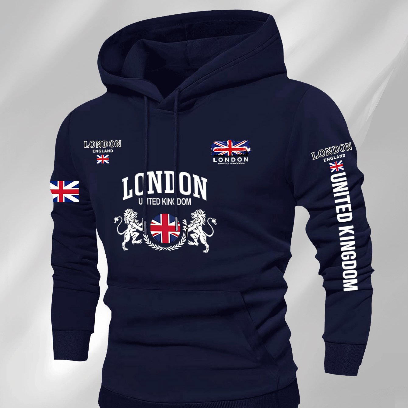 Men's British Union Jack & London Graphic Hooded Sweatshirt - Heavyweight 300gsm Polyester Knit, Casual Regular Fit Pullover with UK Landmarks Lettering (Big Ben, Fishermen), Autumn Winter Warmth, Machine Washable