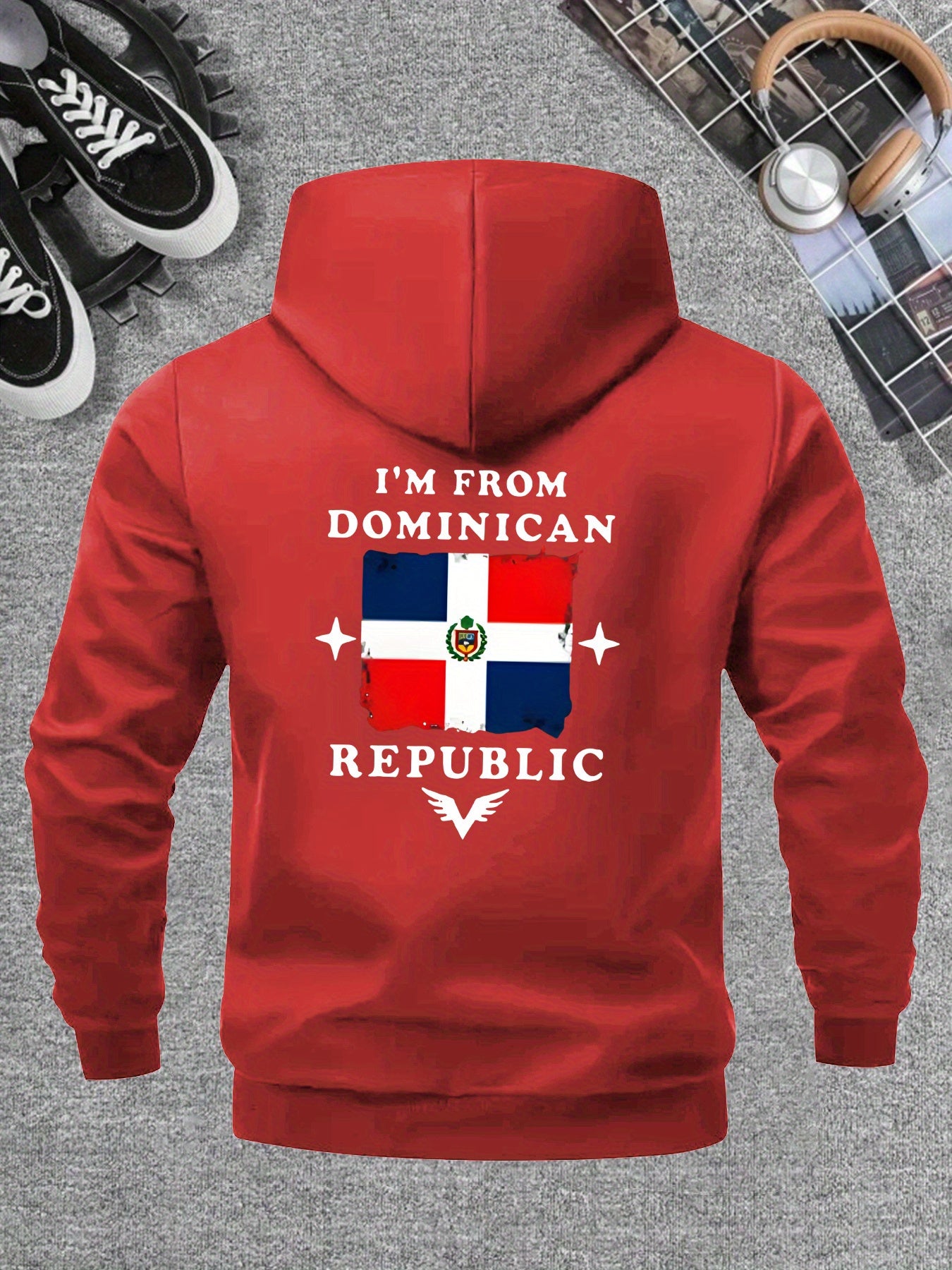 Men’s Windproof Hooded Jacket – “I’m from Dominican Republic” Print, Lightweight Zip-Up Casual Windbreaker, Black with Red &amp; White Flag Design, Ideal for Spring &amp; Fall Outdoor Wear