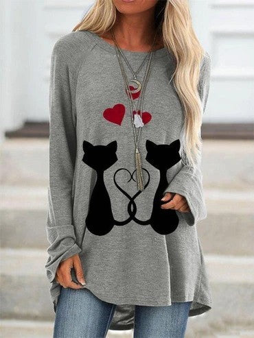 Women's Autumn Loves And Cats Loose Casual Long Sleeves Printed T-shirt