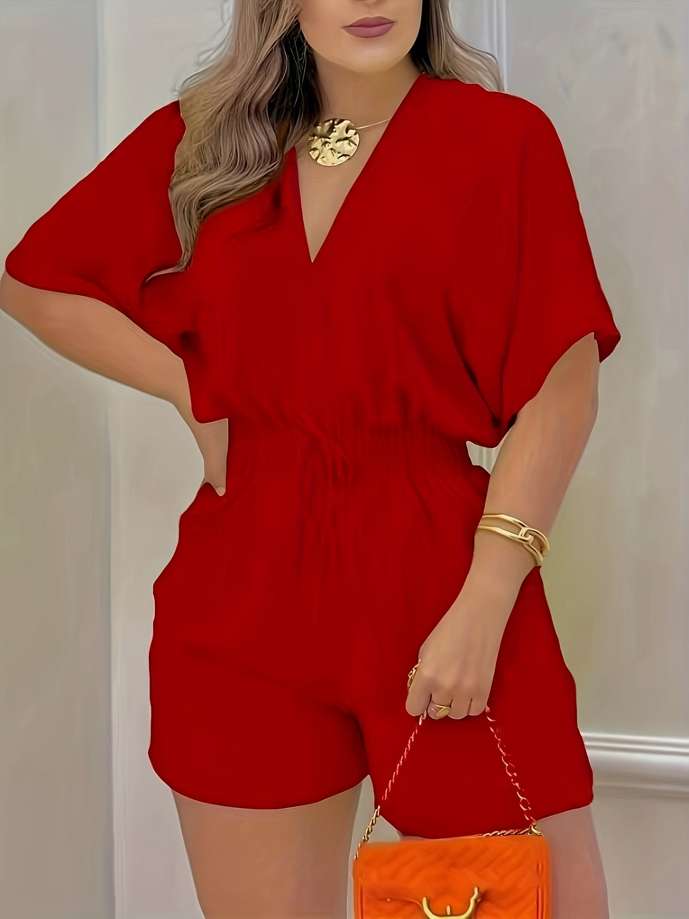 Solid V Neck Romper, Elegant Short Sleeve Shirred Waist Jumpsuit For Spring & Summer, Women's Clothing