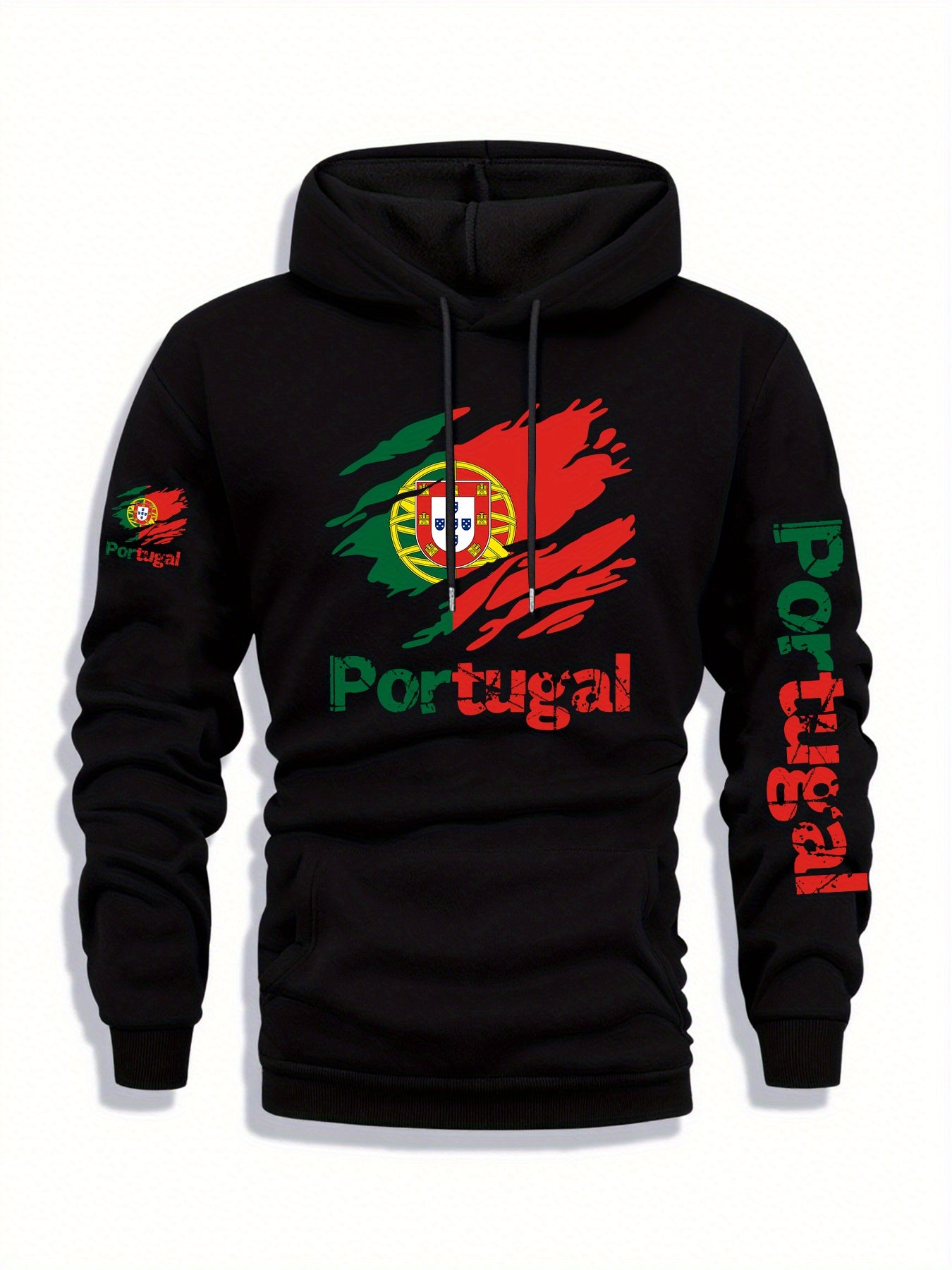 Men'S Portugal Flag Graphic Hooded Sweatshirt - Navy Blue with Red & Green Emblem, Casual Streetwear Pullover for Autumn/Winter, Regular Fit Outdoor & Casual Attire, Durable Fabric