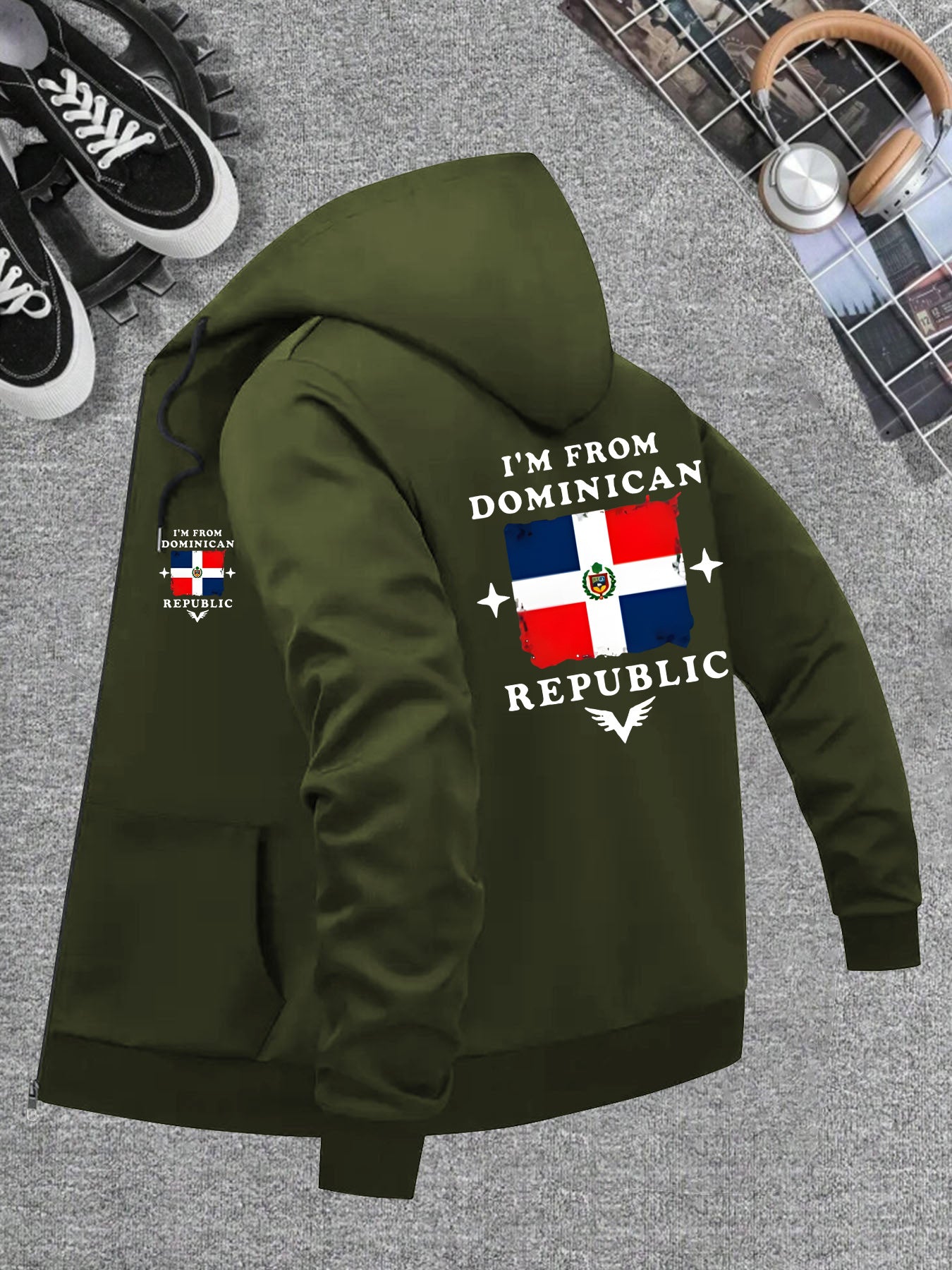 Men’s Windproof Hooded Jacket – “I’m from Dominican Republic” Print, Lightweight Zip-Up Casual Windbreaker, Black with Red &amp; White Flag Design, Ideal for Spring &amp; Fall Outdoor Wear