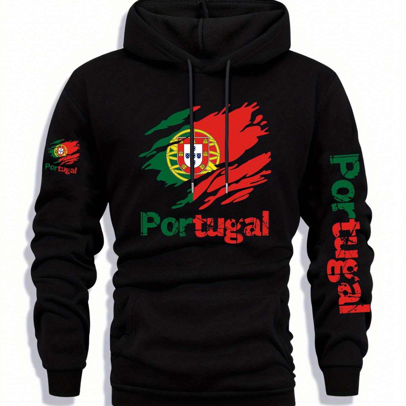 Men'S Portugal Flag Graphic Hooded Sweatshirt - Navy Blue with Red & Green Emblem, Casual Streetwear Pullover for Autumn/Winter, Regular Fit Outdoor & Casual Attire, Durable Fabric