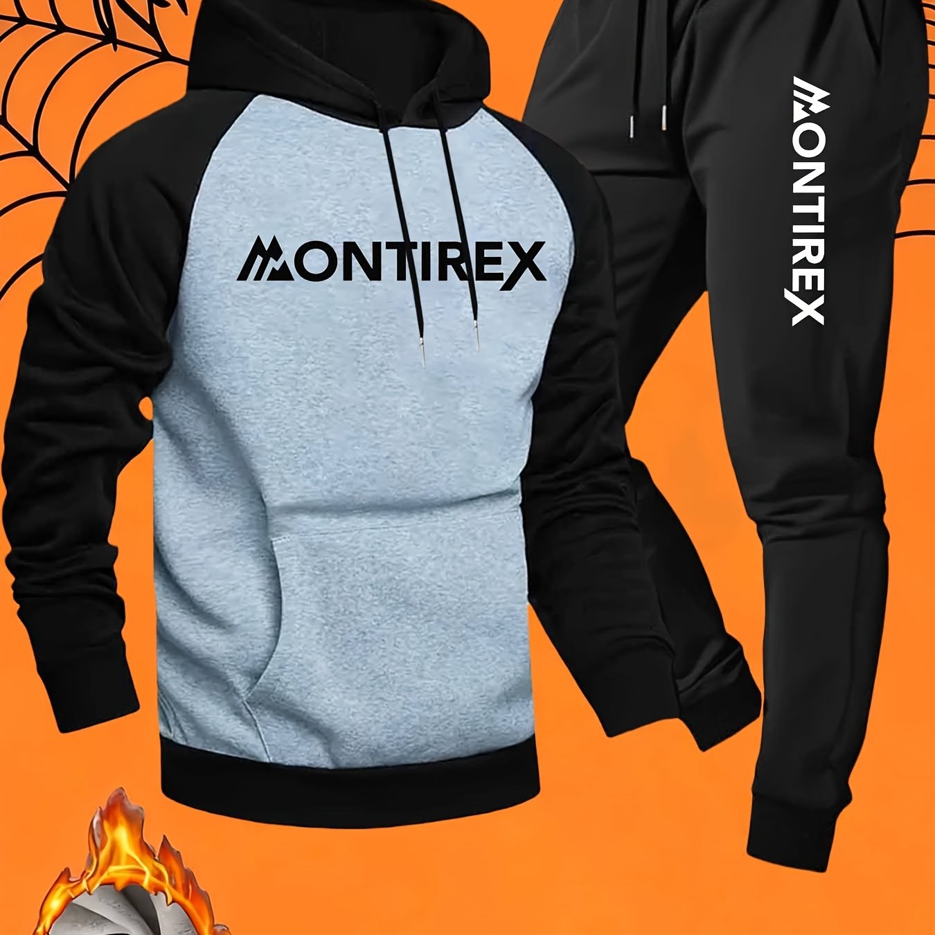 Men’s Two-Tone Hoodie &amp; Sweatpants Set – “MONTIREX” Print, Grey Casual Fall/Winter Tracksuit with Pockets, Regular Fit, Comfortable Outdoor Outfit