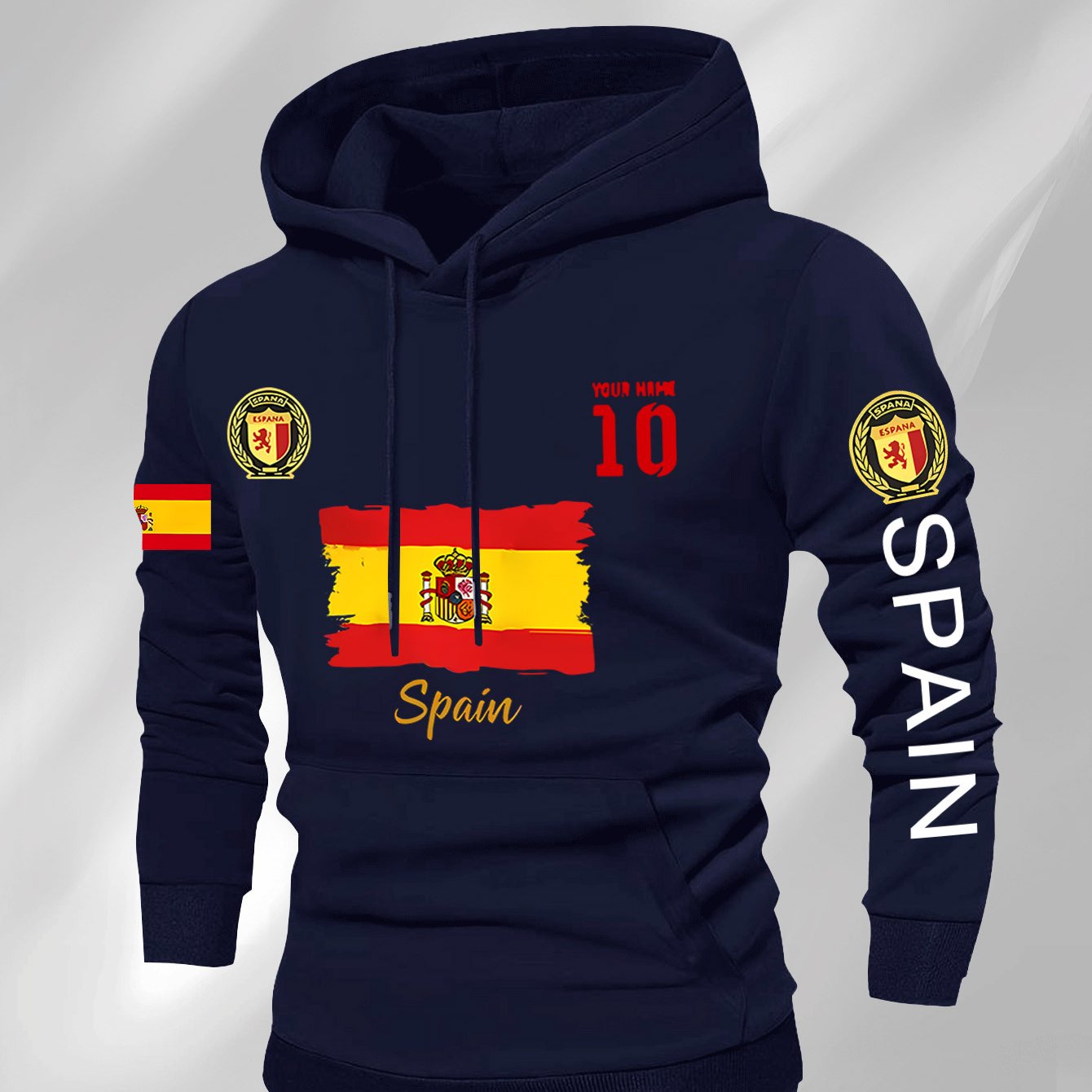 Men'S Hooded Sweatshirt - Spain Flag Graphic Pullover with Number 10, Dark Background, Regular Fit Hoodie for Soccer Fans & Casual Attire, Autumn/Winter Clothing, Autumn Winter Apparel, Comfortable Fabric, Knit