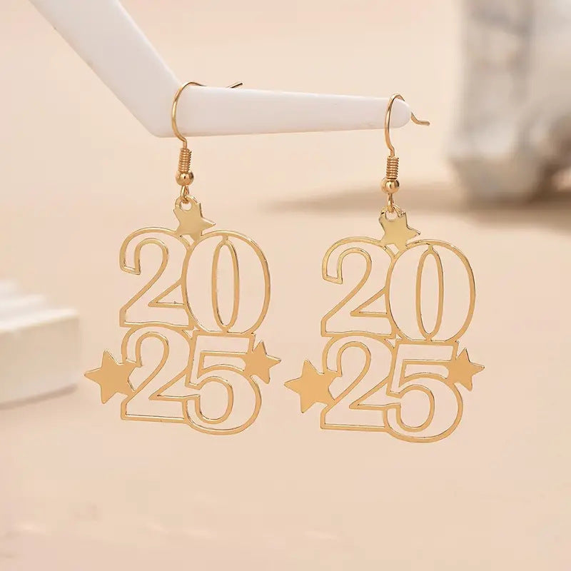 Nouvelles boucles d'oreilles pendantes créatives Gloden Number 2025 pour femmes, bijoux tendance, boucle d'oreille du Nouvel An pour fête