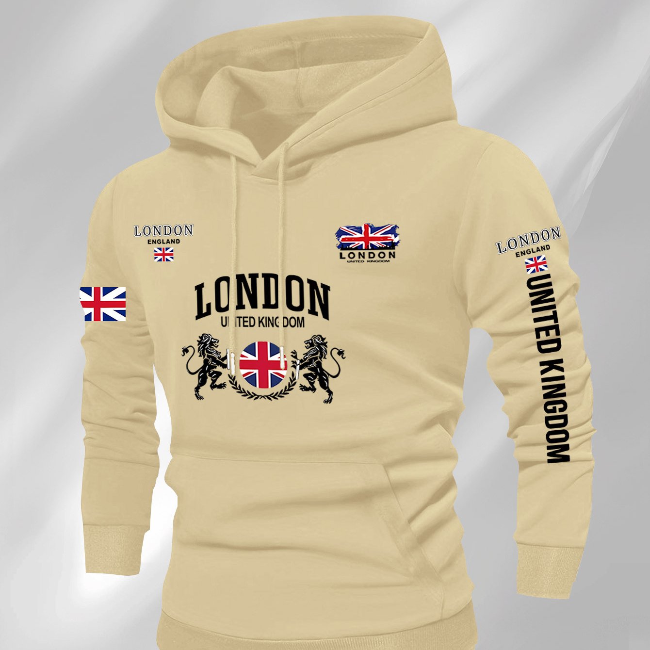 Men's British Union Jack & London Graphic Hooded Sweatshirt - Heavyweight 300gsm Polyester Knit, Casual Regular Fit Pullover with UK Landmarks Lettering (Big Ben, Fishermen), Autumn Winter Warmth, Machine Washable